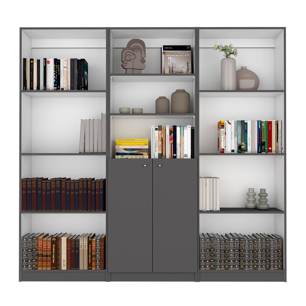 Duette 3 Piece Home Bookcase set, 74' Wide with 11 Shelves and 2-door Cabinet ,  Living Room Set  Matt Gray / White | Premium