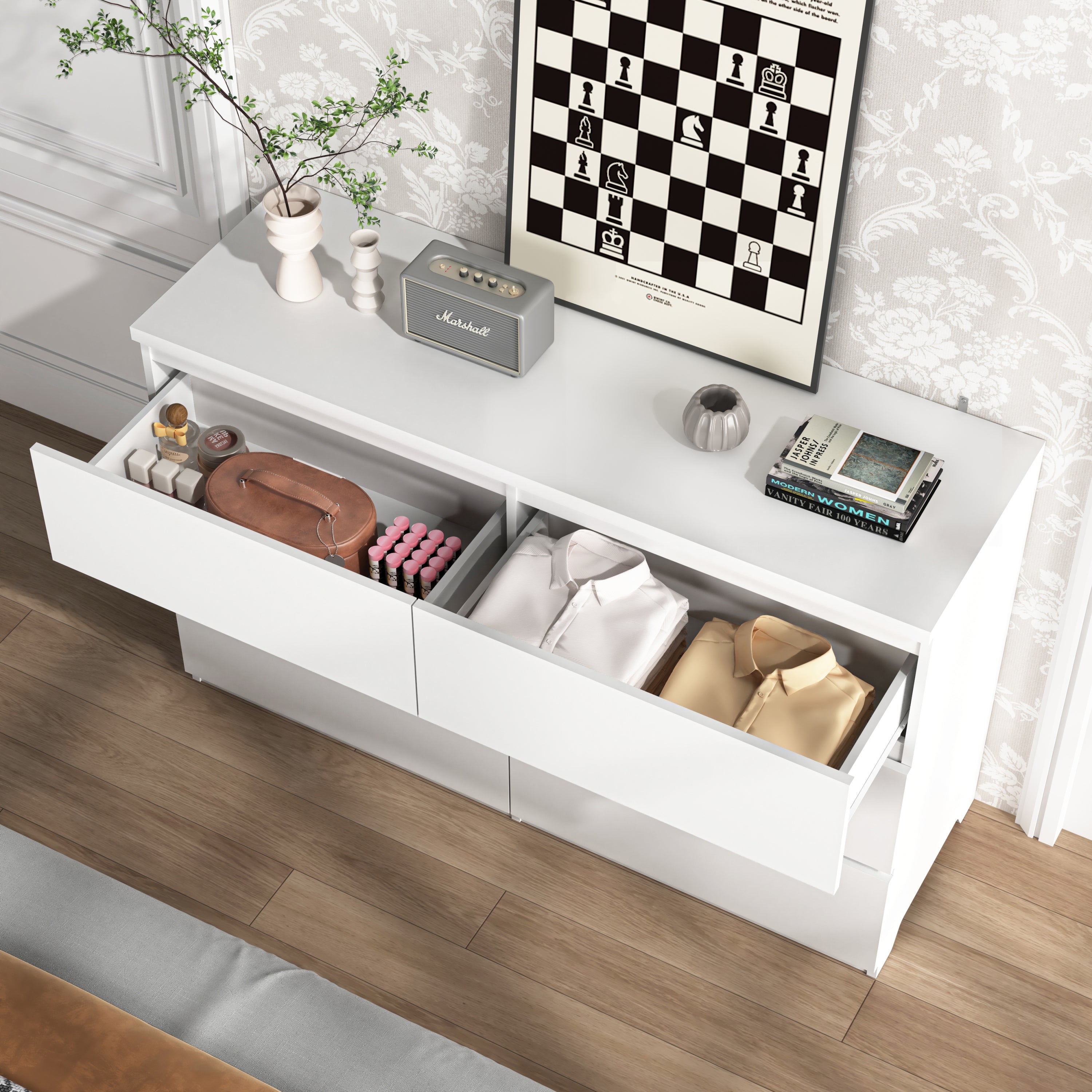 6 Drawer Storage Cabinet ,Dresser, Wood Storage Tower Clothes Organizer, Wide Chest of 6 Drawers, Large Storage Space for Bedroom, Hallway, Entryway Living Room White - Grand Goldman Shop