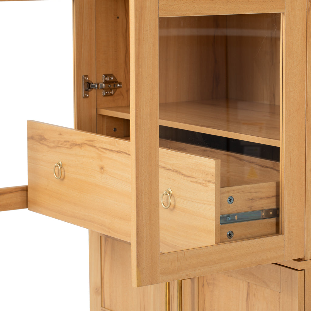 K&K 71' Tall Arched Kitchen Pantry Cabinet with Door Shelves, Farmhouse Kitchen Storage Cabinet with Open & Adjustable Shelves, Hidden Drawer & Glass Door, Cupboard for Kitchen, Dining Room, Natural - Grand Goldman Shop