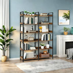 6-Tier Industrial Bookshelf, 67' Wooden Bookshelf with Open Shelves, Freestanding Metal Frame Bookcase for Storage and Display, Modern Book Shelves for Bedroom, Living Room and Home Office, Brown - Grand Goldman Shop