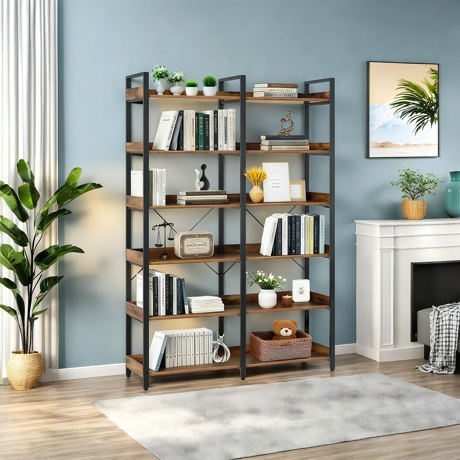 6-Tier Industrial Bookshelf, 67' Wooden Bookshelf with Open Shelves, Freestanding Metal Frame Bookcase for Storage and Display, Modern Book Shelves for Bedroom, Living Room and Home Office, Brown - Grand Goldman Shop