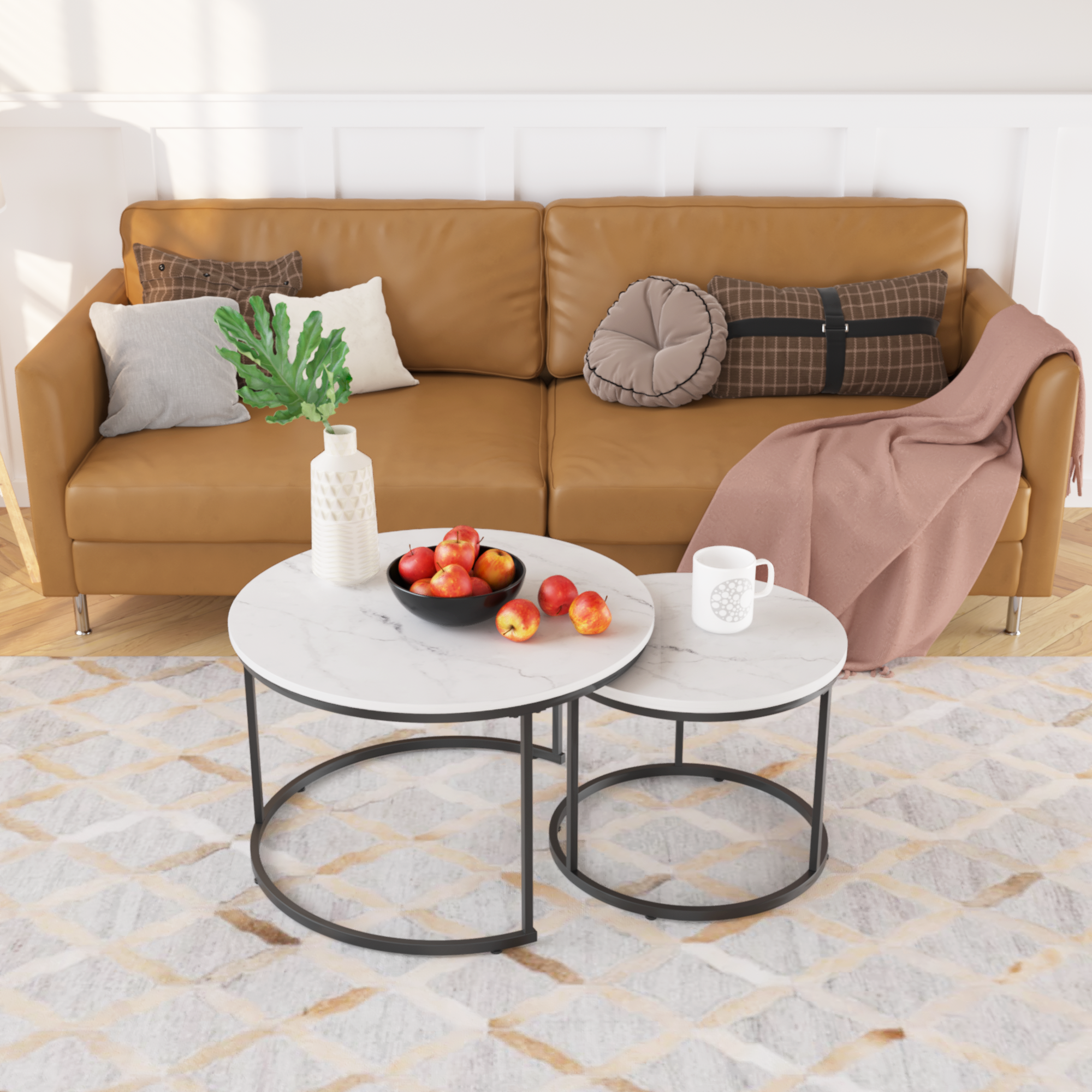 Nesting Coffee Table Set of 2, 27.6inch Round Wood Marble Pattern Top with Sturdy Metal Frame, White Living Room End Tables for Bedroom Balcony Yard - Grand Goldman Shop