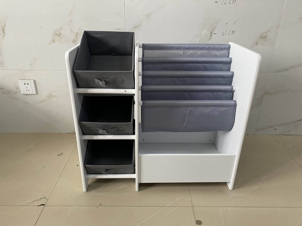 Kids Bookshelf and Toy Storage Organizer, Multifunctional 4-Tier White MDF Bookshelf with 3 Collapsible Fabric Drawers for Nu