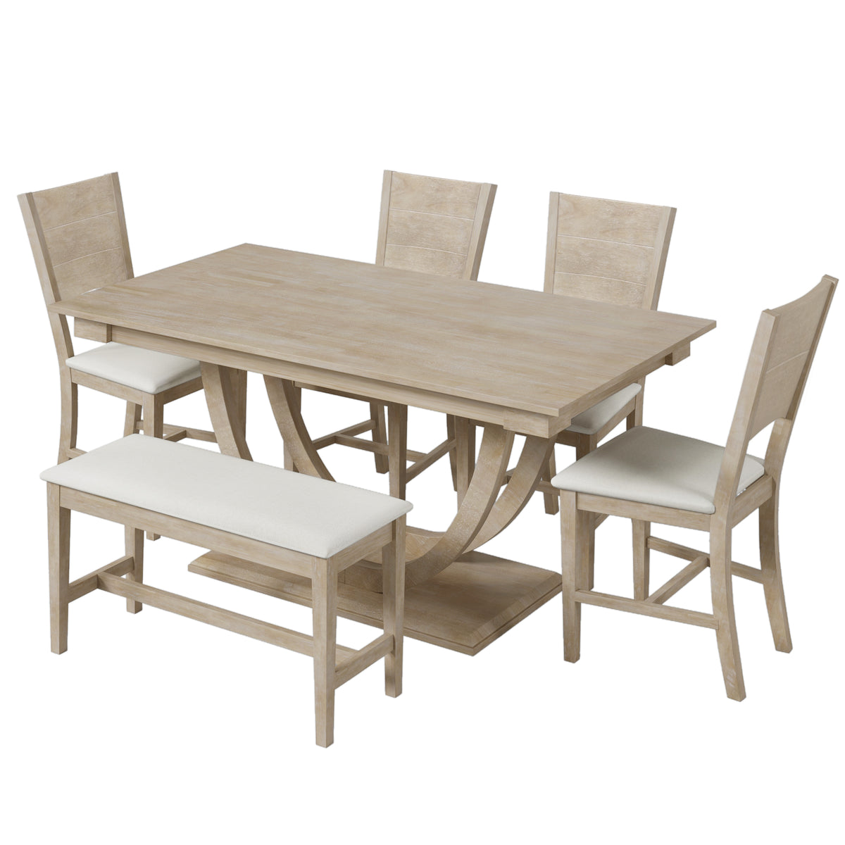 TOPMAX Modern Style Natural Wood 6-Piece Dining Table Set with Bench and Chairs, Upholstered Seats, Rubberwood Frame - Grand Goldman Shop