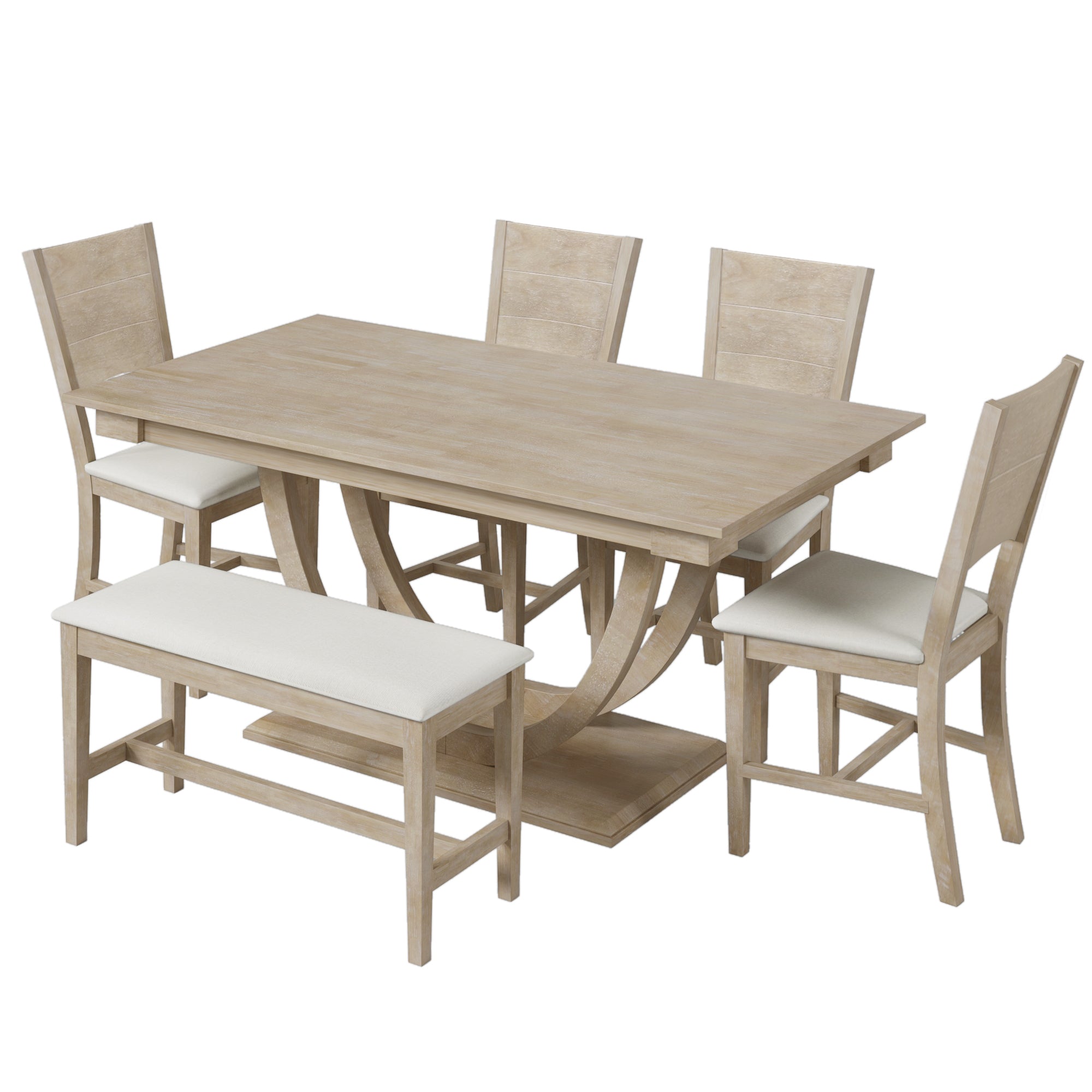 TOPMAX Modern Style Natural Wood 6-Piece Dining Table Set with Bench and Chairs, Upholstered Seats, Rubberwood Frame - Grand Goldman Shop