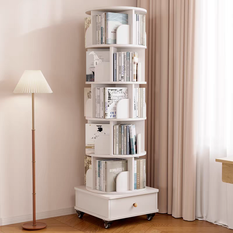 Rotating Bookshelf with Drawer, 360 Display 6 Tier Corner Bookshelf for Small Space, Floor Standing Bookcase Storage Rack, Wood Narrow Organizer for Bedroom, Living Room (WHITE) - Grand Goldman Shop