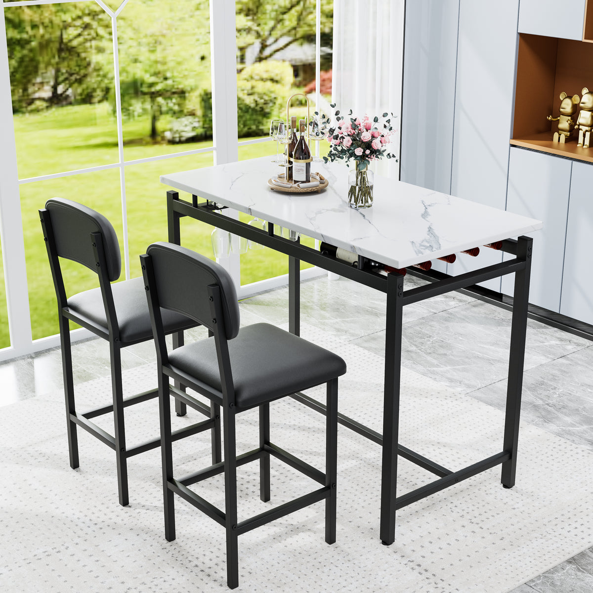 Kitchen Table Set, Dining Table and Chairs for 2, 3 Piece Dining Room Table Set with 2 Upholstered Chairs, Bar Dining Table Set for Small Spaces, Apartment, Breakfast, Pub, Rustic Black - Grand Goldman Shop