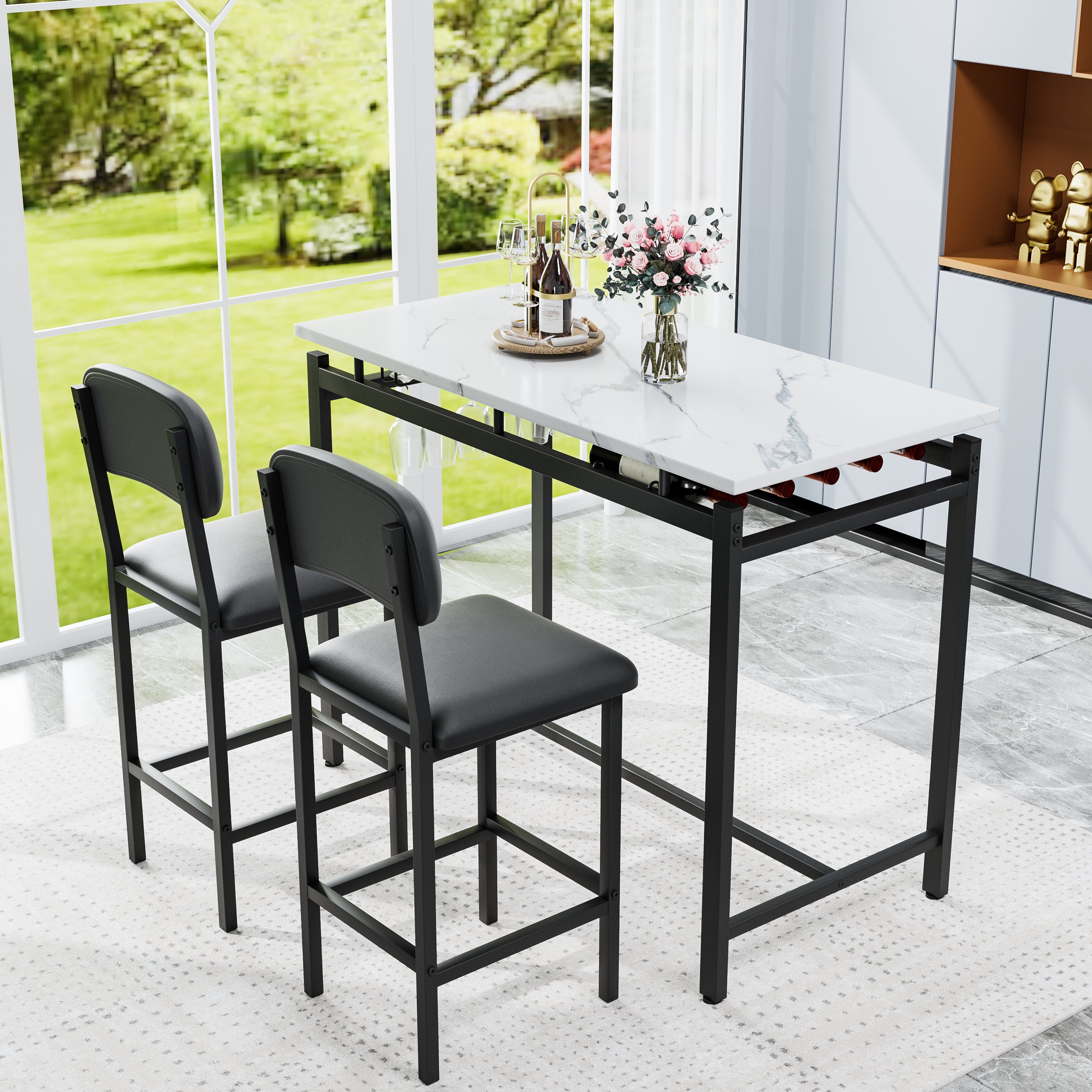 Kitchen Table Set, Dining Table and Chairs for 2, 3 Piece Dining Room Table Set with 2 Upholstered Chairs, Bar Dining Table Set for Small Spaces, Apartment, Breakfast, Pub, Rustic Black - Grand Goldman Shop