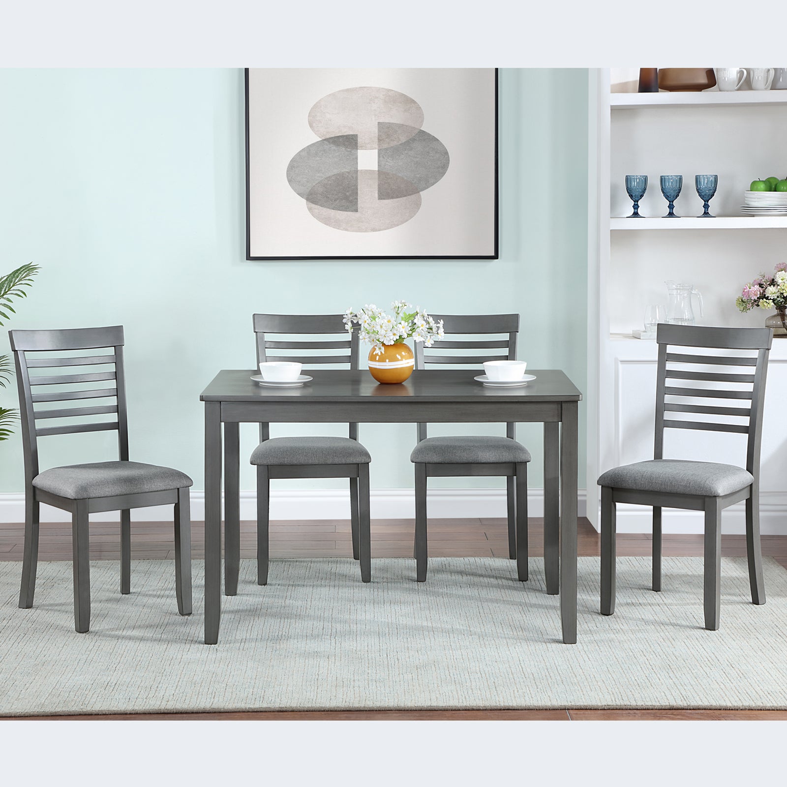5PCs Modern Dining Set, Rectangular Wooden Dining Table with 4 Upholstered Chairs for Kitchen, Dining Room, Gray - Grand Goldman Shop
