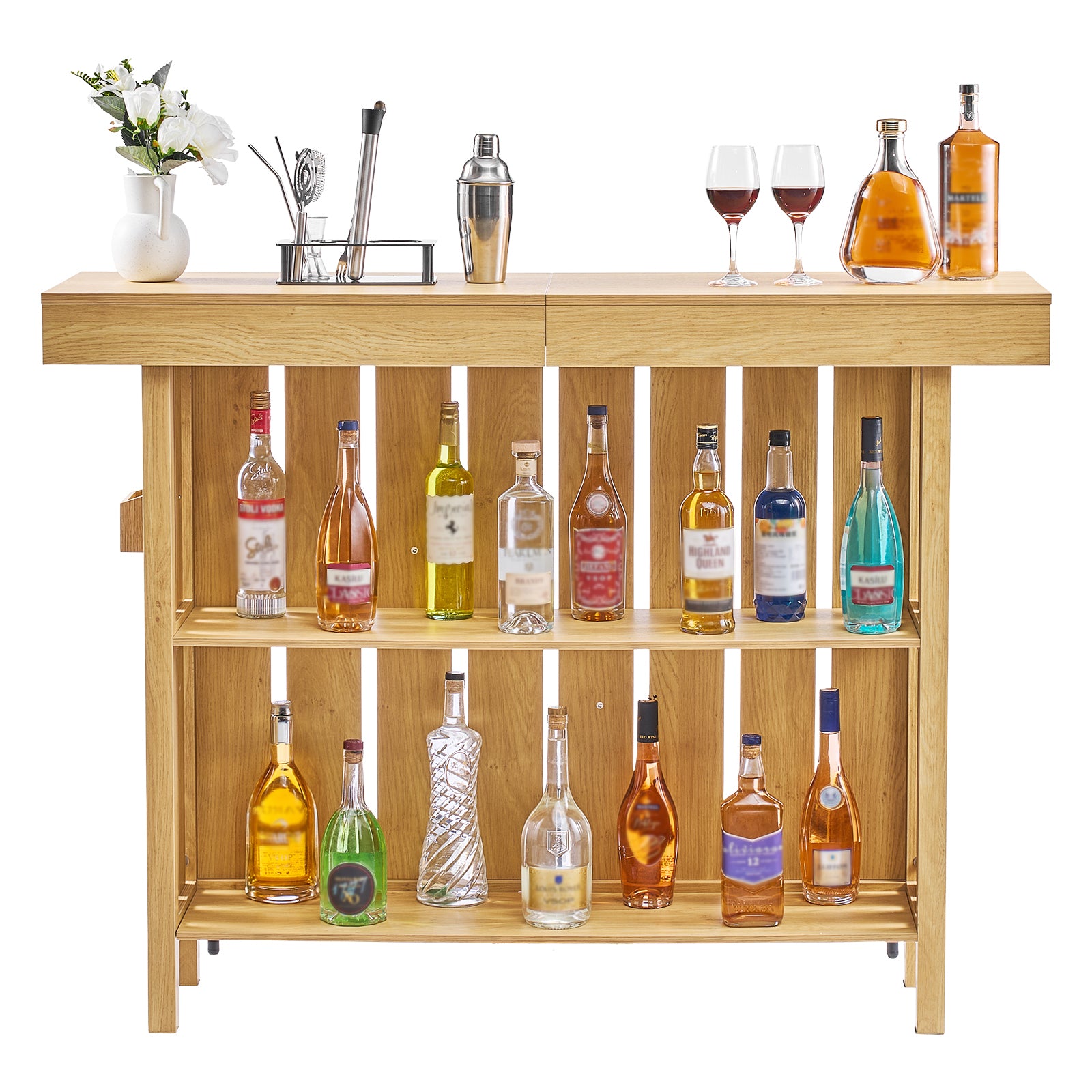 Home Bar Unit, Wine Bar Cabinet Table 3-Tier with Storage Shelves, Opener Storage Box & Adjustable Foot Pads, Black Footrest, Wood & Metal Liquor Cabinet for Home, Basement, Kitchen, Living Room - Grand Goldman Shop