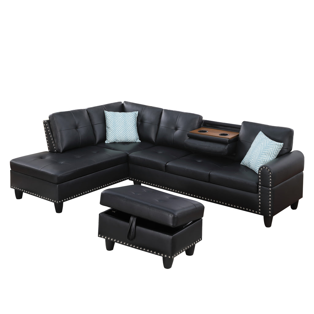 Irine Traditional Faux Leather Sectional Sofa with Ottoman and Storage in Black - Grand Goldman Shop