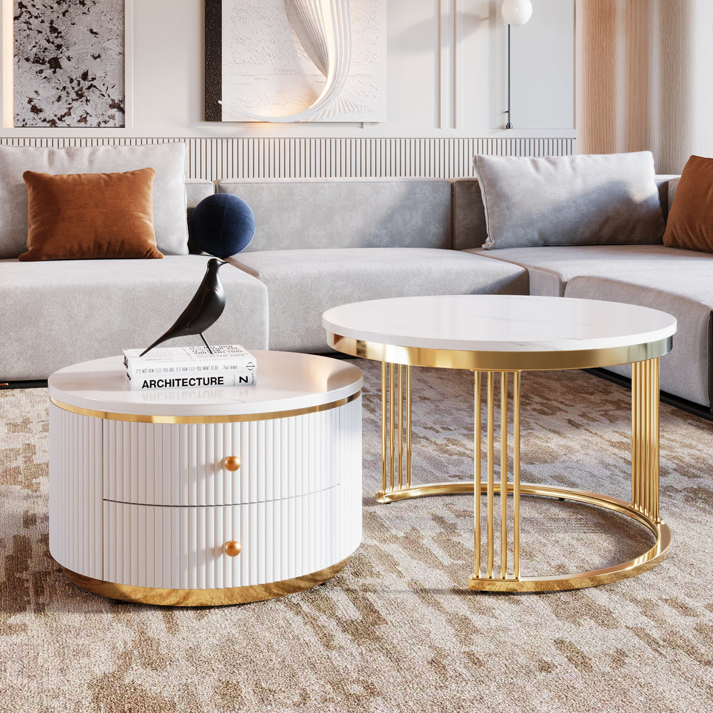Modern 2 Pieces White Round Nesting  Coffee Table with Drawers in 27.6'' - Grand Goldman Shop