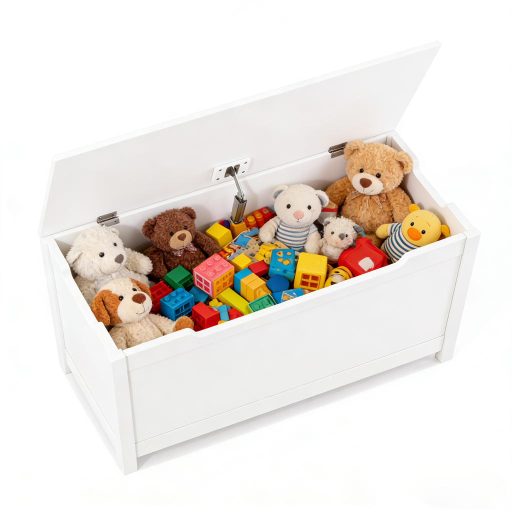Kids Wooden Toy Box Storage with Safety Hinged Lid for Ages 2+ (White) - Grand Goldman