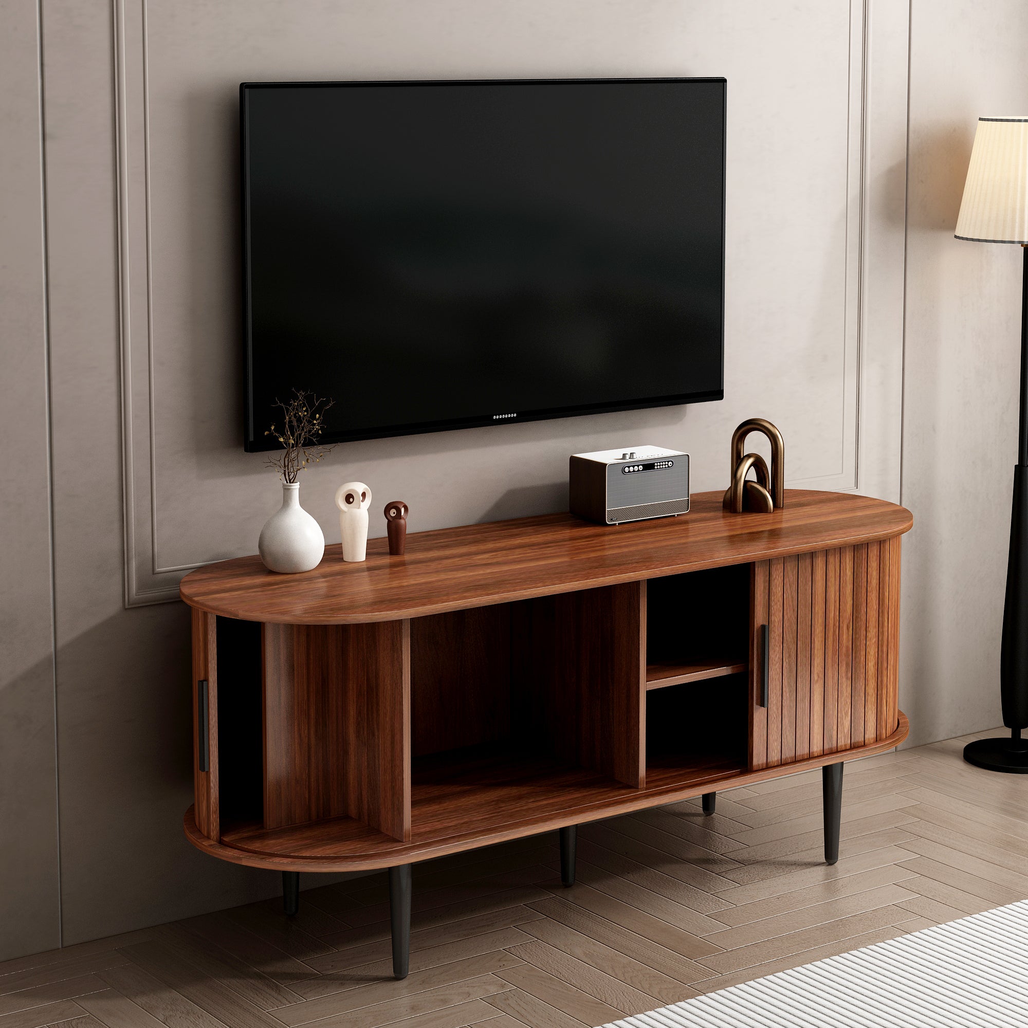 TV Stand, 47' Modern TV Console Table with Storage Compartment and Sliding Door, Gaming Entertainment Center with Cabinet for Living Room, Bedroom, Office (Walnut) - Grand Goldman Shop