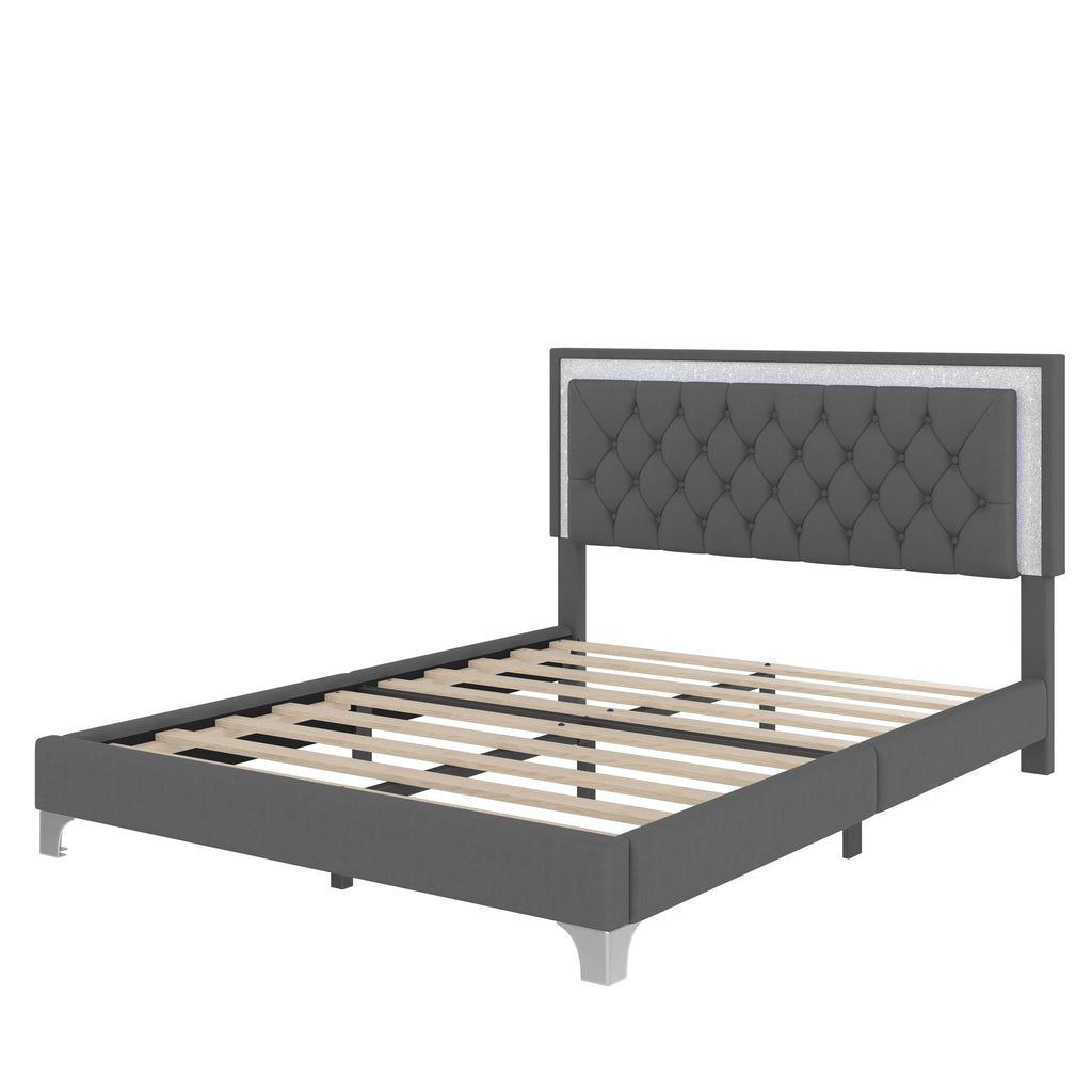 3-Pieces Bedroom Sets,Queen Size Upholstered Platform Bed with LED Lights and Two Nightstands-Gray - Grand Goldman Shop