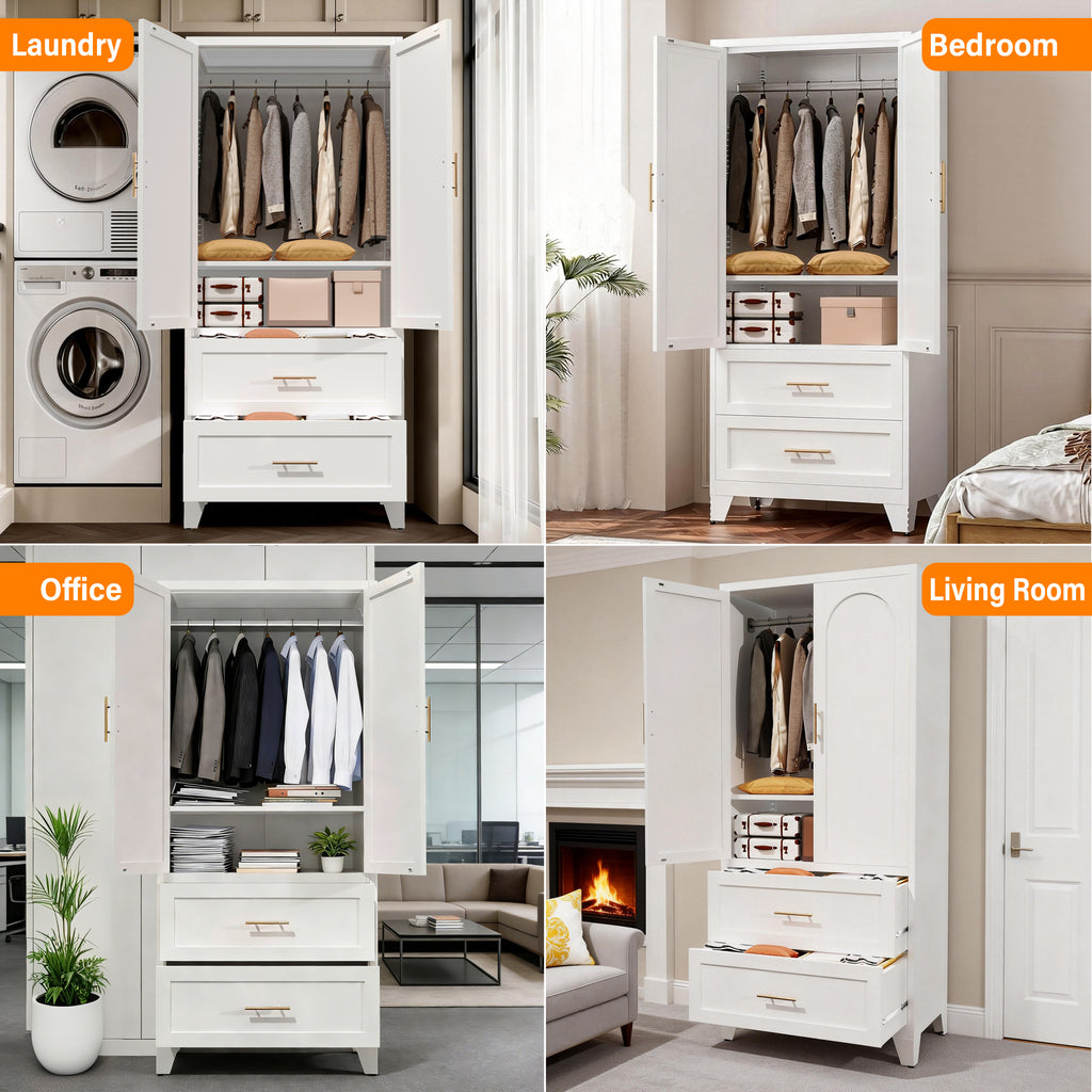 71' Tall Metal Wardrobe Cabinet with 2 Drawers and Hanging Rod, 2 Doors Wardrobe Closet with Shelf for Bedroom, Office, Laundry Room,Entryway ,Foyer,Guesthouse (White) - Grand Goldman Shop