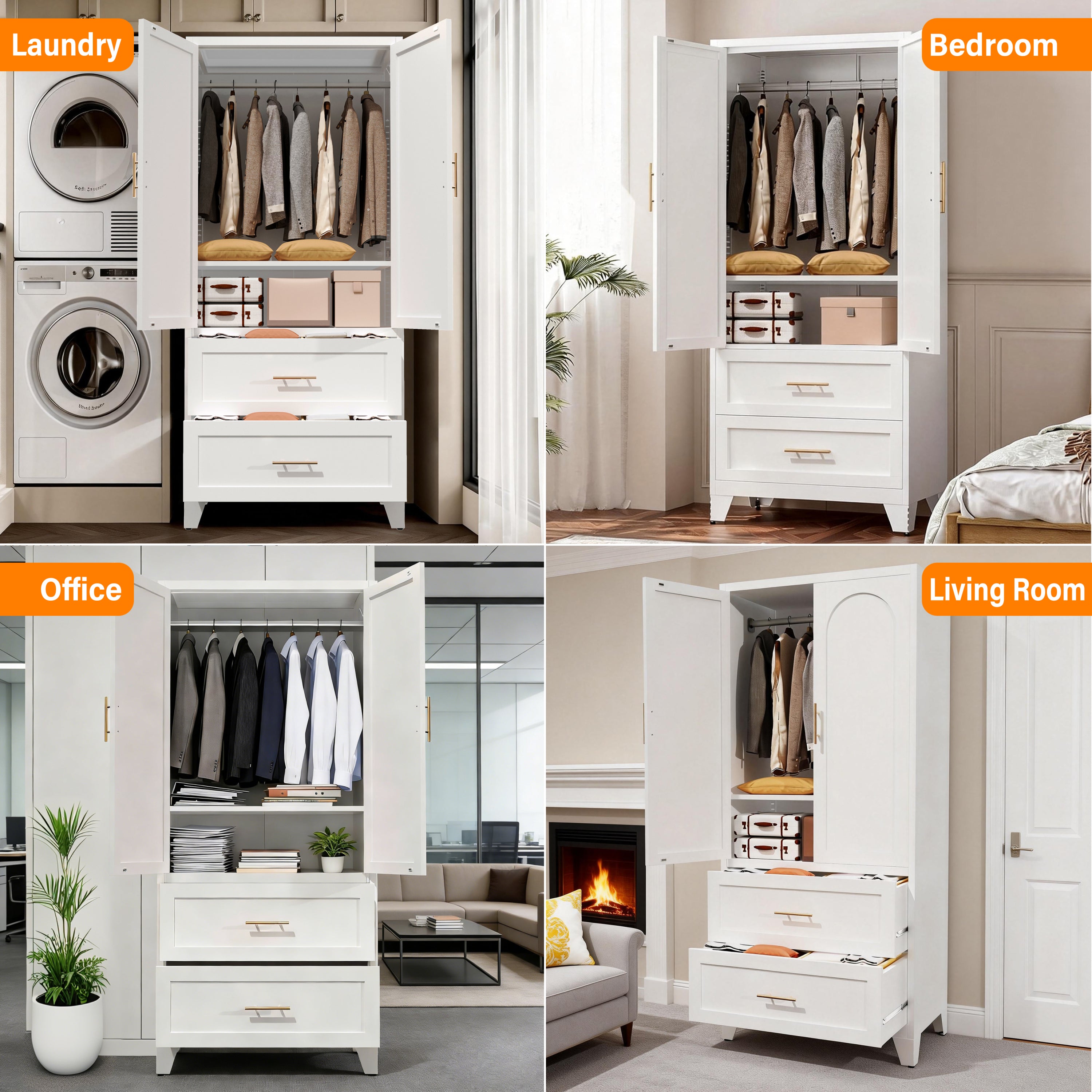 71' Tall Metal Wardrobe Cabinet with 2 Drawers and Hanging Rod, 2 Doors Wardrobe Closet with Shelf for Bedroom, Office, Laundry Room,Entryway ,Foyer,Guesthouse (White) - Grand Goldman Shop