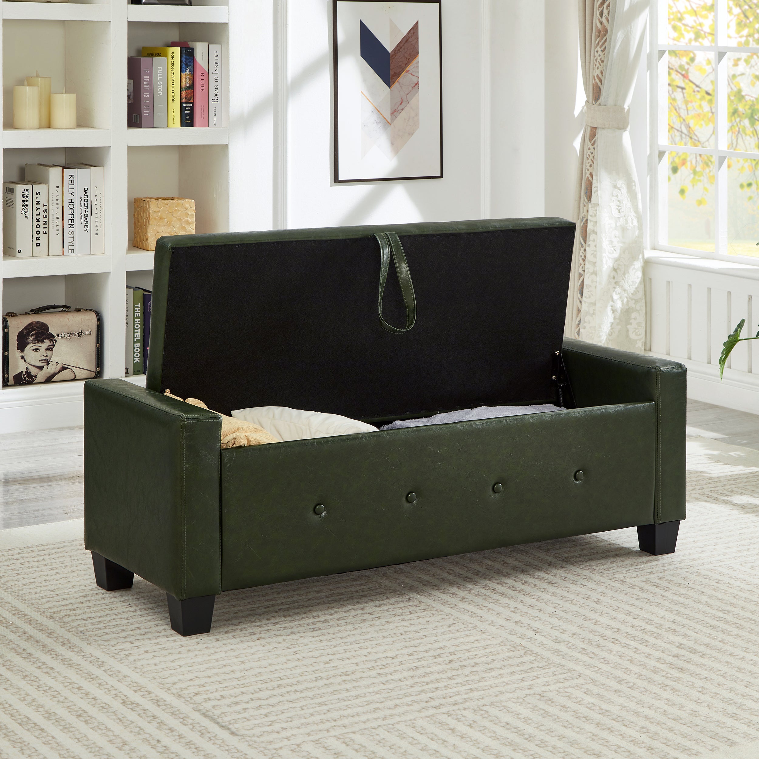 48' Ottoman Bench with Storage, Bench for Bedroom,Living Room,Hallway, Upholstered Tufted Faux Leather PU Ottoman Dark Green - Grand Goldman Shop