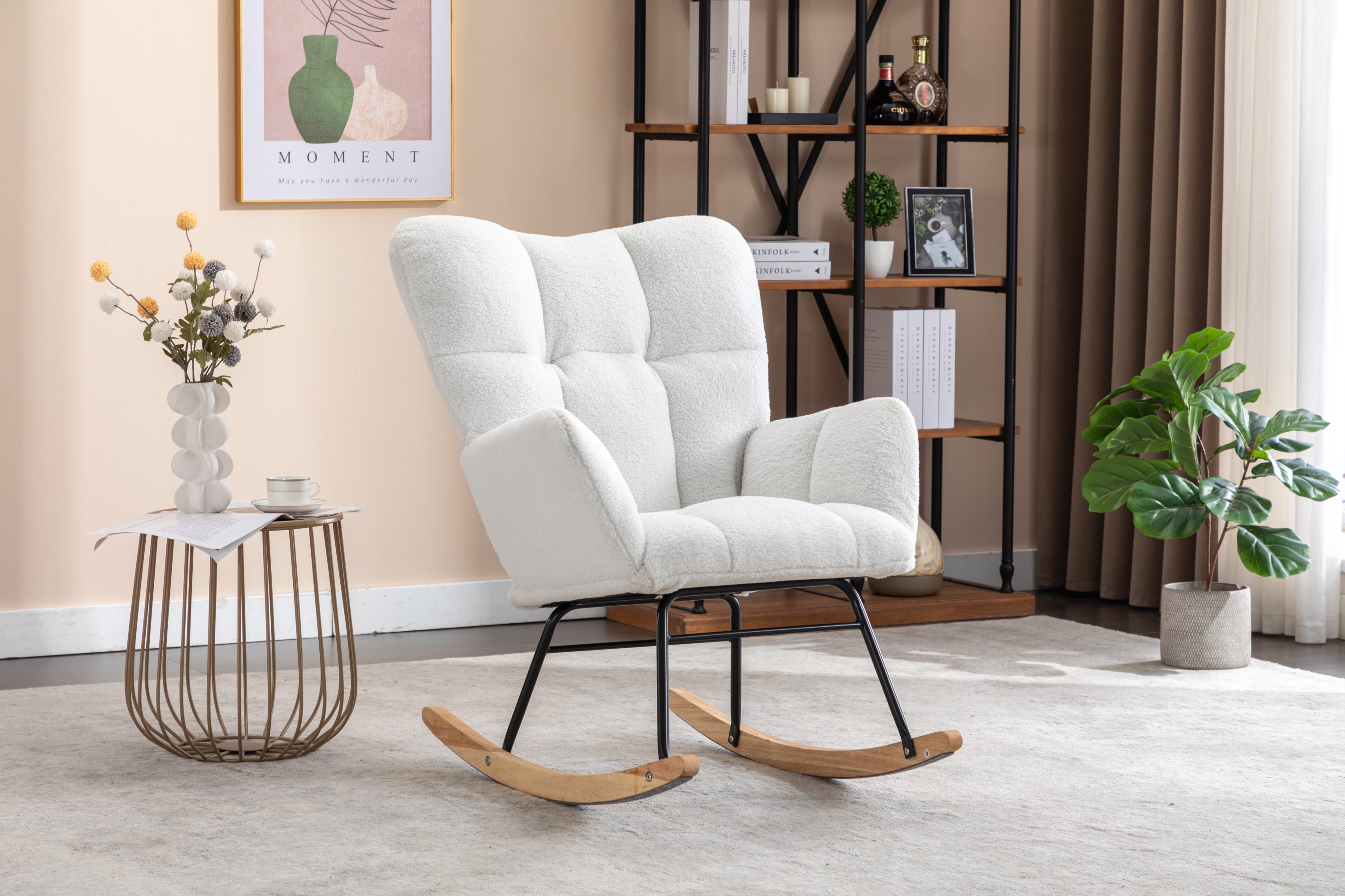 050-Teddy Fabric Rocking Gilder Nursery Chair For Living Room Indoor,Ivory - Grand Goldman Shop