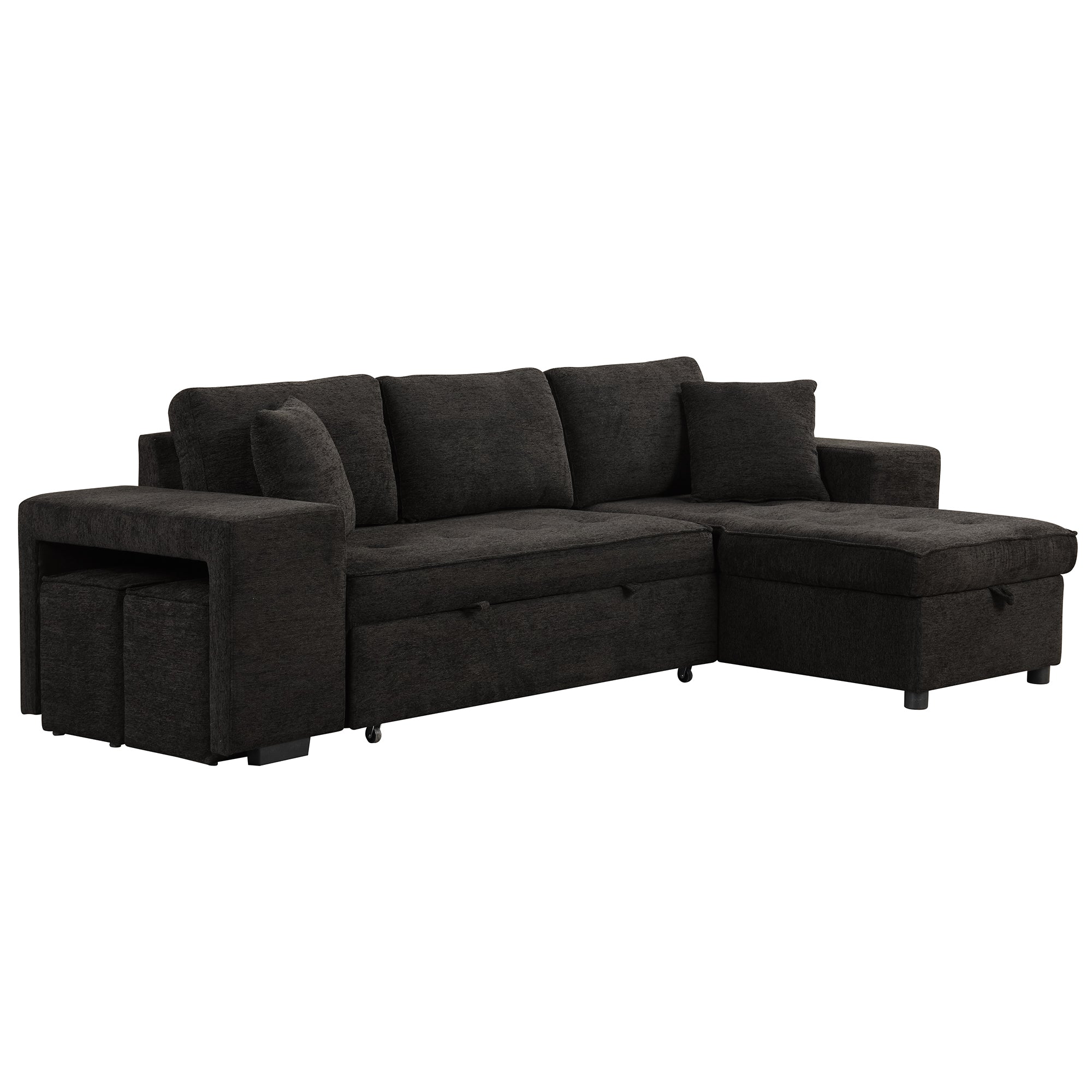 Modern L-Shape 3 Seat Reversible Sectional Couch with Pull Out Sleeper Sofa, Storage Chaise, 2 Stools, Charcoal Grey, Linen Chenille - Grand Goldman Shop