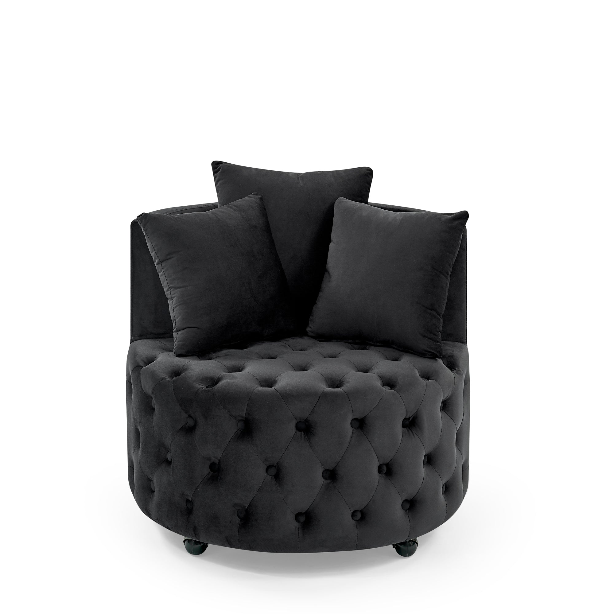 Modern Velvet Upholstered Swivel Chair with Button Tufted Design, Movable Wheels, 3 Pillows, Black - Grand Goldman Shop