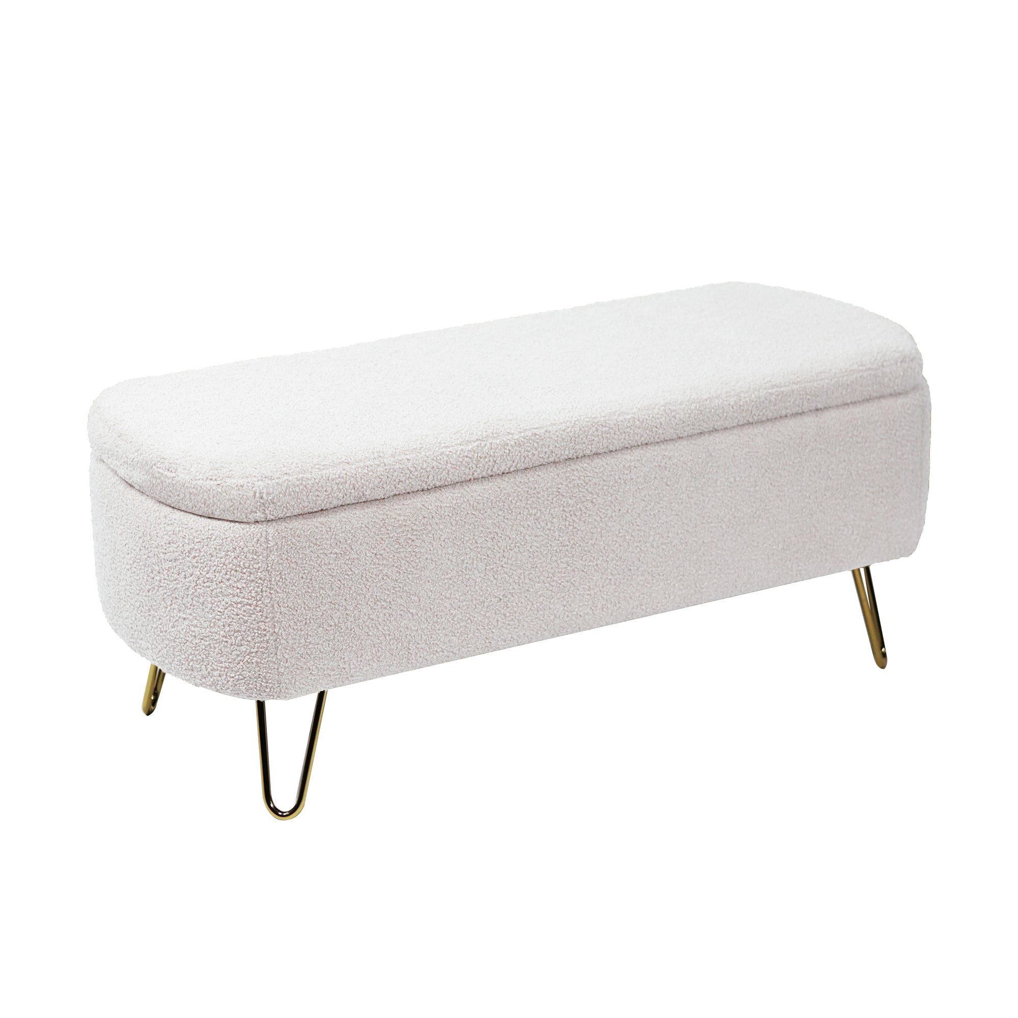 Ivory White Storage Ottoman Bench for End of Bed Gold Legs, Modern Ivory White Faux Fur Entryway Bench Upholstered Padded with Storage for Living Room Bedroom - Grand Goldman Shop