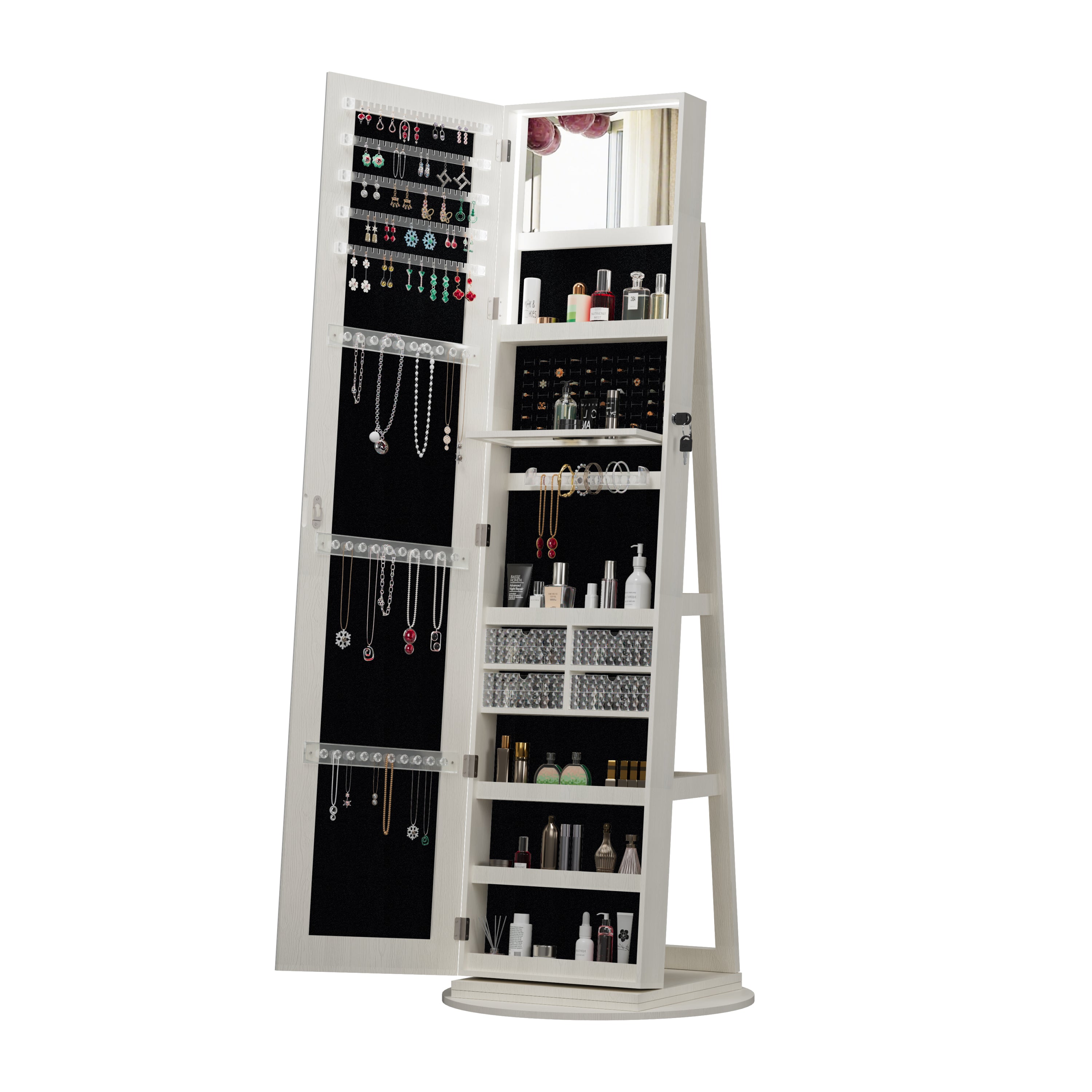 360°Swivel Jewelry Cabinet with Full Length Mirror, 360°Rotating Standing Jewelry Armoire Organizer, Lockable Storage Cabinet, Interior Lighted Mirror, White - Grand Goldman Shop
