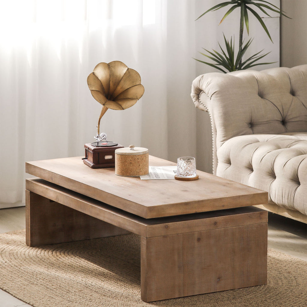 Modern Rustic Wood Coffee Table – Rectangular Living Room Center Table with Floating Top Design 47.6' L * 23.6' W * 16.3' H - Grand Goldman Shop