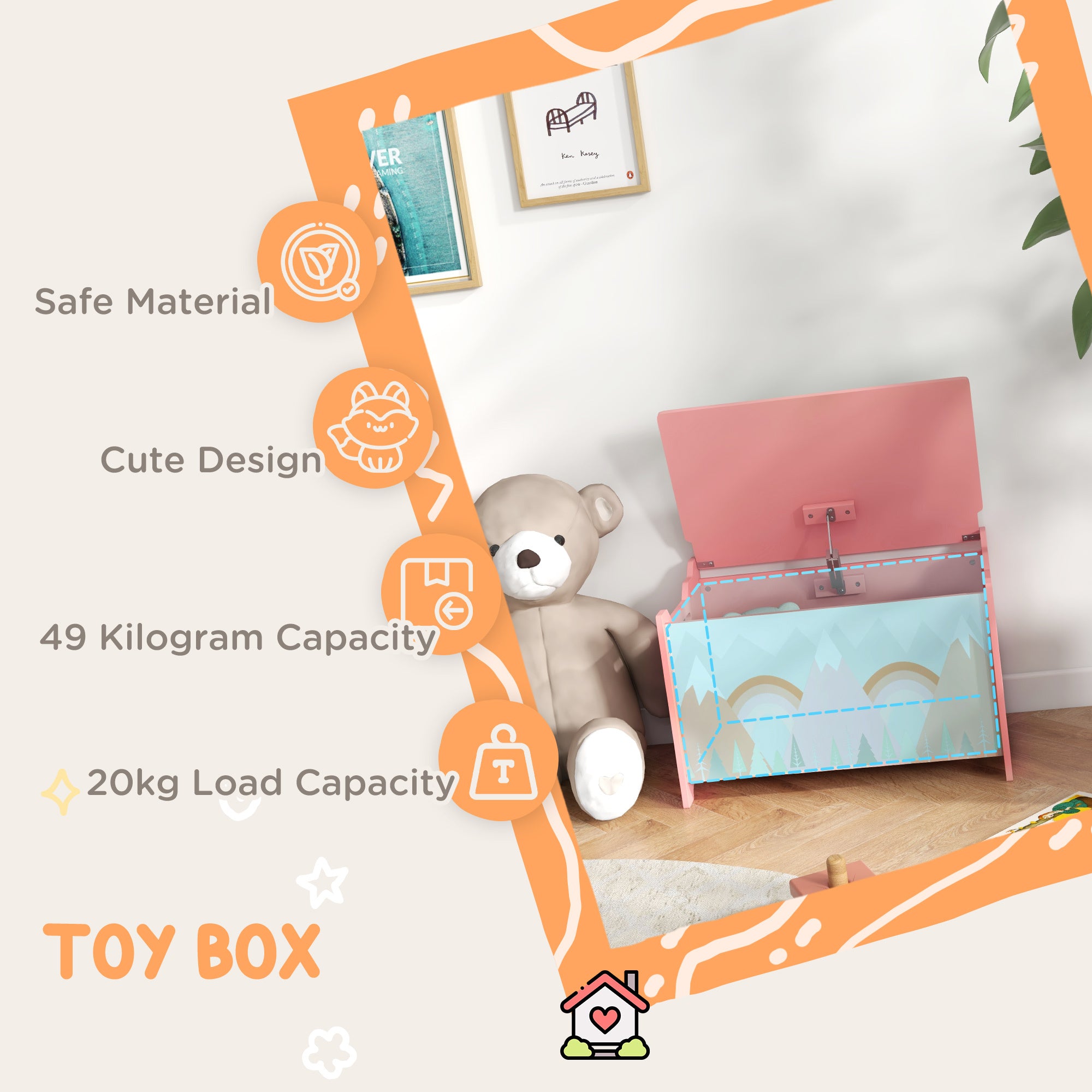 Qaba Toy Box with Lid, Toy Chest Storage Organizer for Bedroom with Safety Hinge, Cute Animal Design, Pink | Premium Home Dec