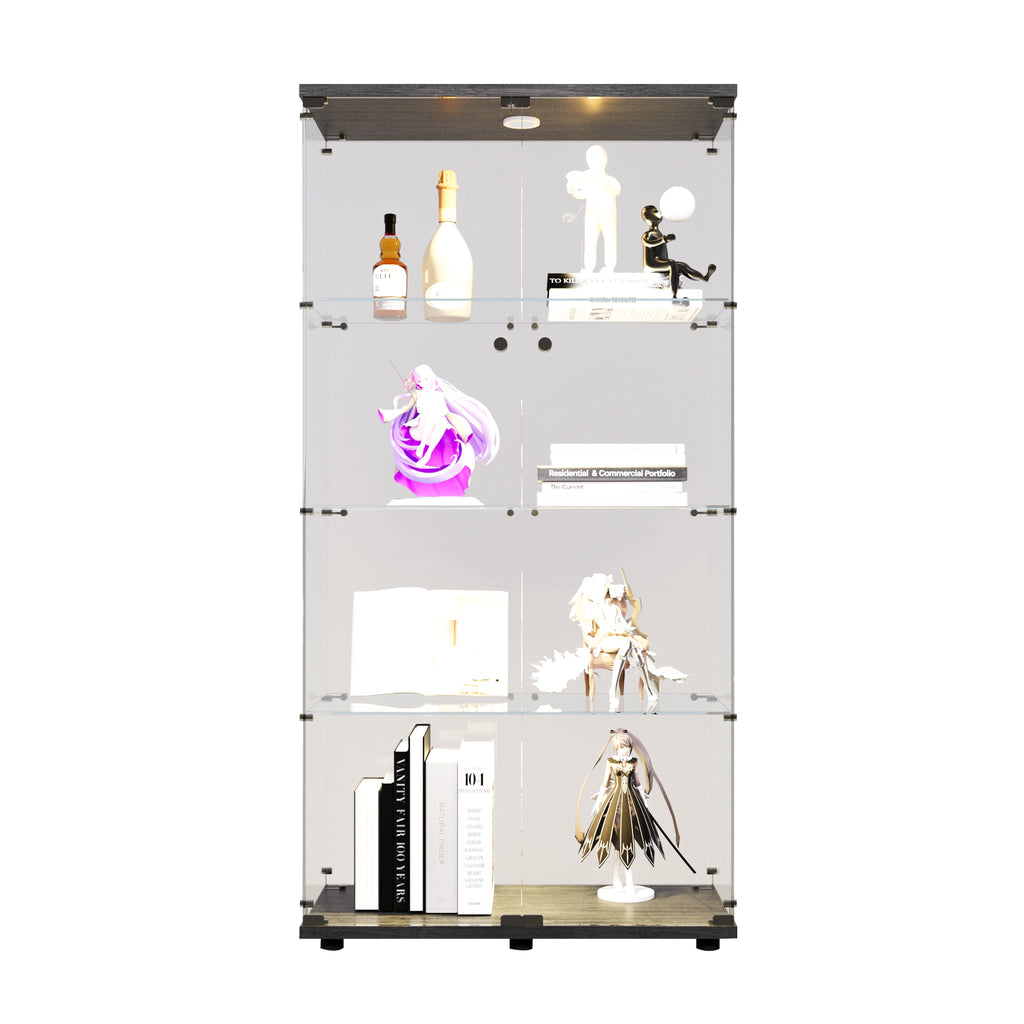 Two-door LED lights  Glass Display Cabinet 4 Shelves with Door, Floor Standing Curio Bookshelf for Living Room Bedroom Office