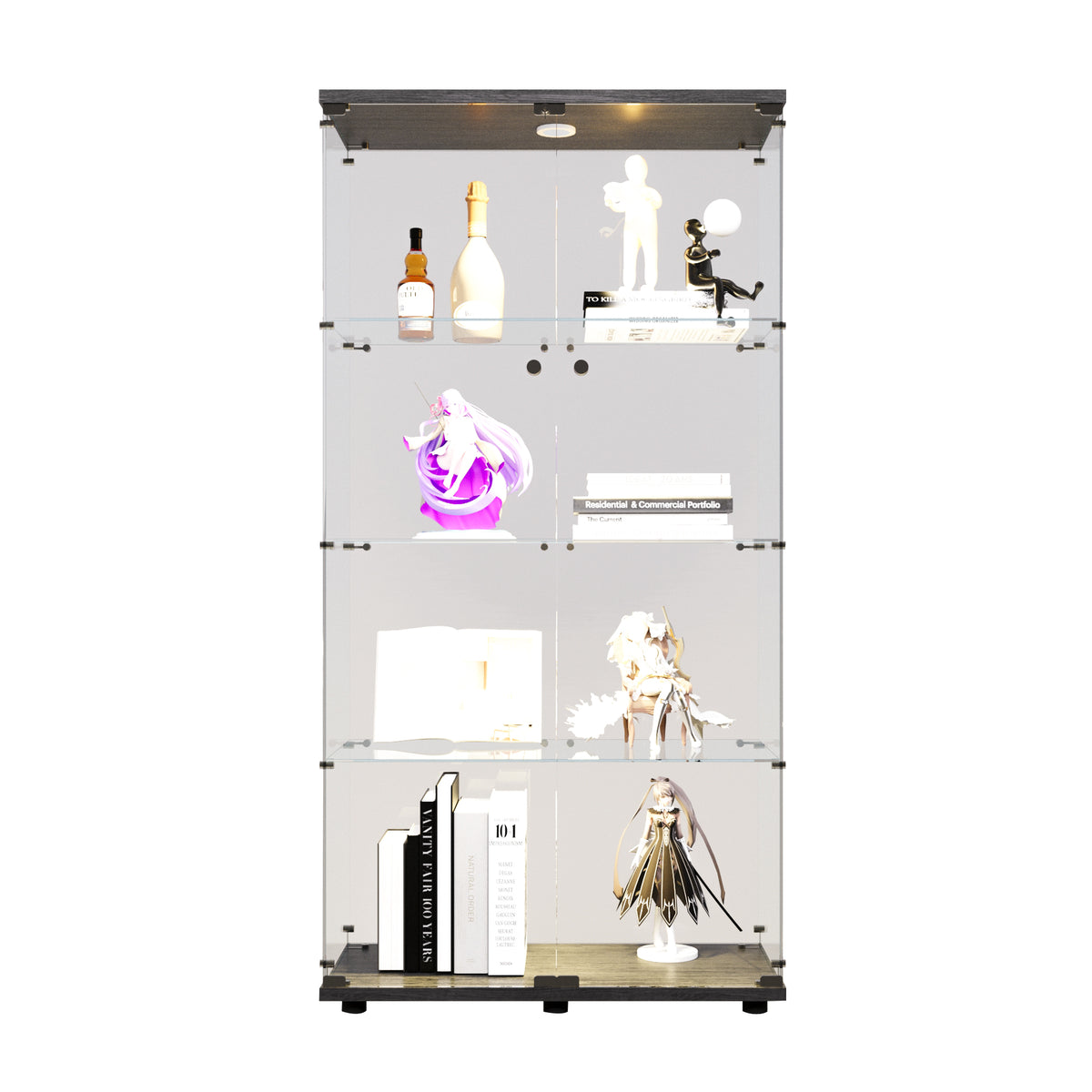 Two-door LED lights  Glass Display Cabinet 4 Shelves with Door, Floor Standing Curio Bookshelf for Living Room Bedroom Office