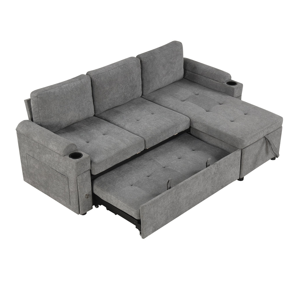 Modern L-shaped Convertible Sofa Bed with Storage, Cup Holders, USB Ports, Gray Chenille, 83.5' - Grand Goldman Shop