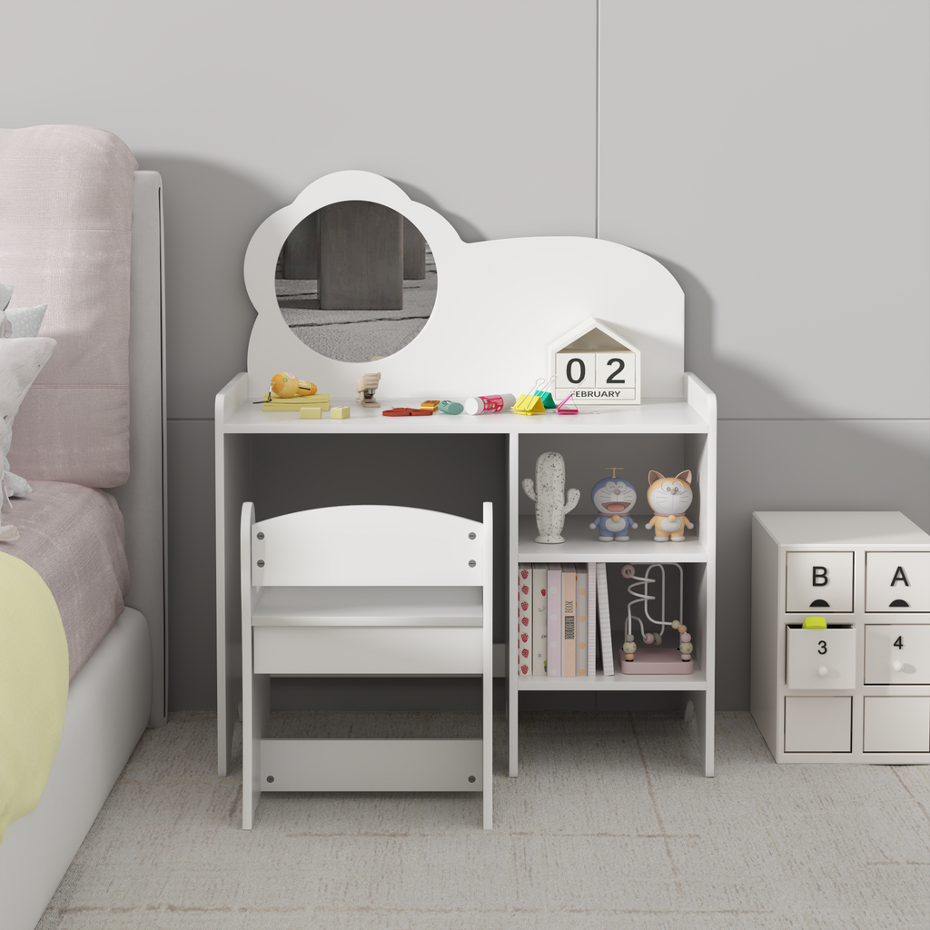 Kids Vanity Table with Mirror and Chair, Wooden Children's Dressing Makeup Desk with Storage Shelves, Study and Activity Tabl