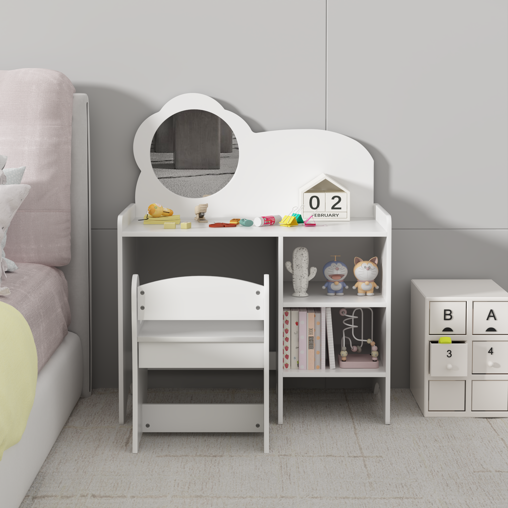 Kids Vanity Table with Mirror and Chair, Wooden Children's Dressing Makeup Desk with Storage Shelves, Study and Activity Tabl