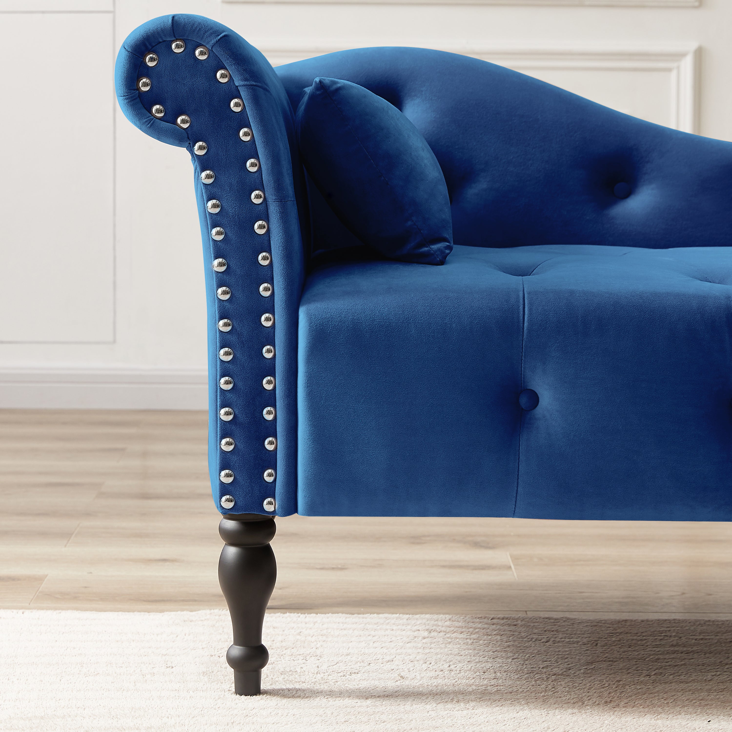 Aijia 60.6' Velvet Chaise Lounge Buttons Tufted Nailhead Trimmed Solid Wood Legs with 1 Pillow,Blue  (Left Arm Design as Shown in the Picture) - Grand Goldman Shop