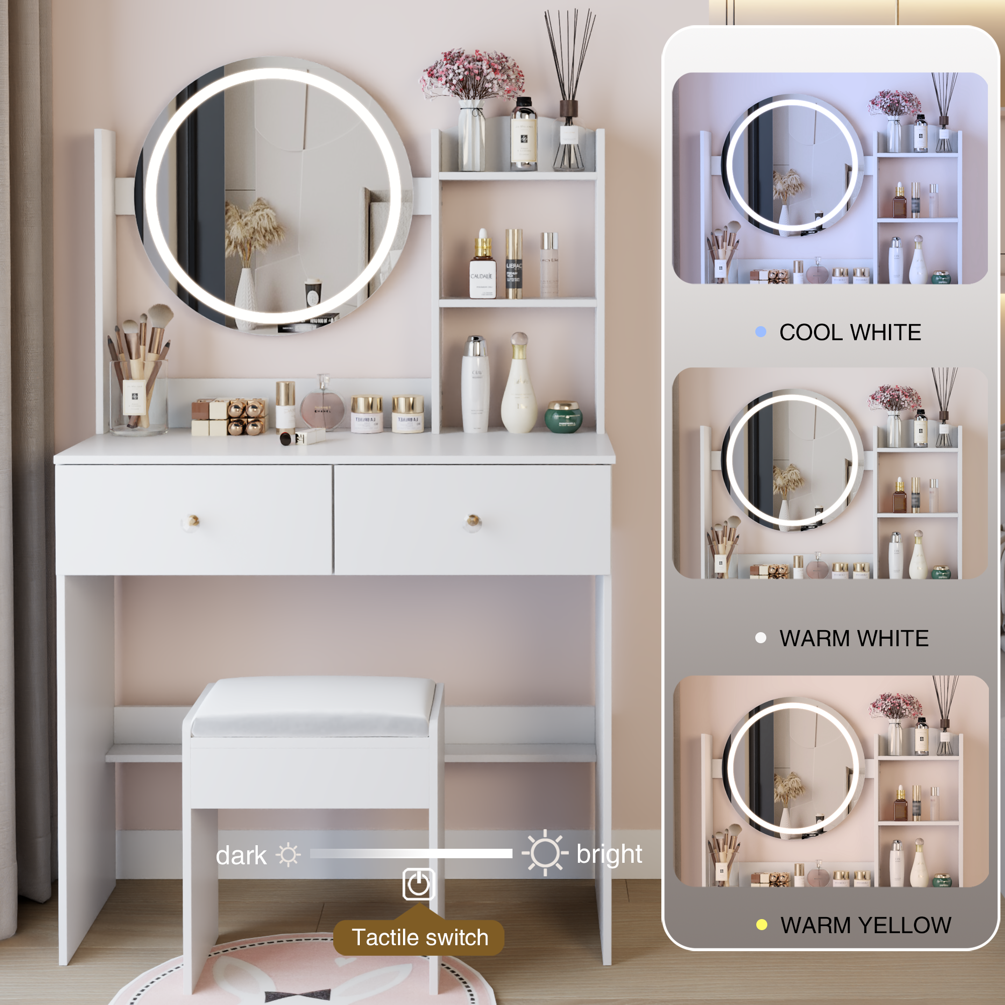17' Round LED Mirror Vanity Table + Soft Cushion Stool Suit, Large Mirror, Touch Switch, 3 colors, Adjustable Brightness, Large Desktop, Multi-layer High Capacity Storage, Suitable For Small Space - Grand Goldman Shop