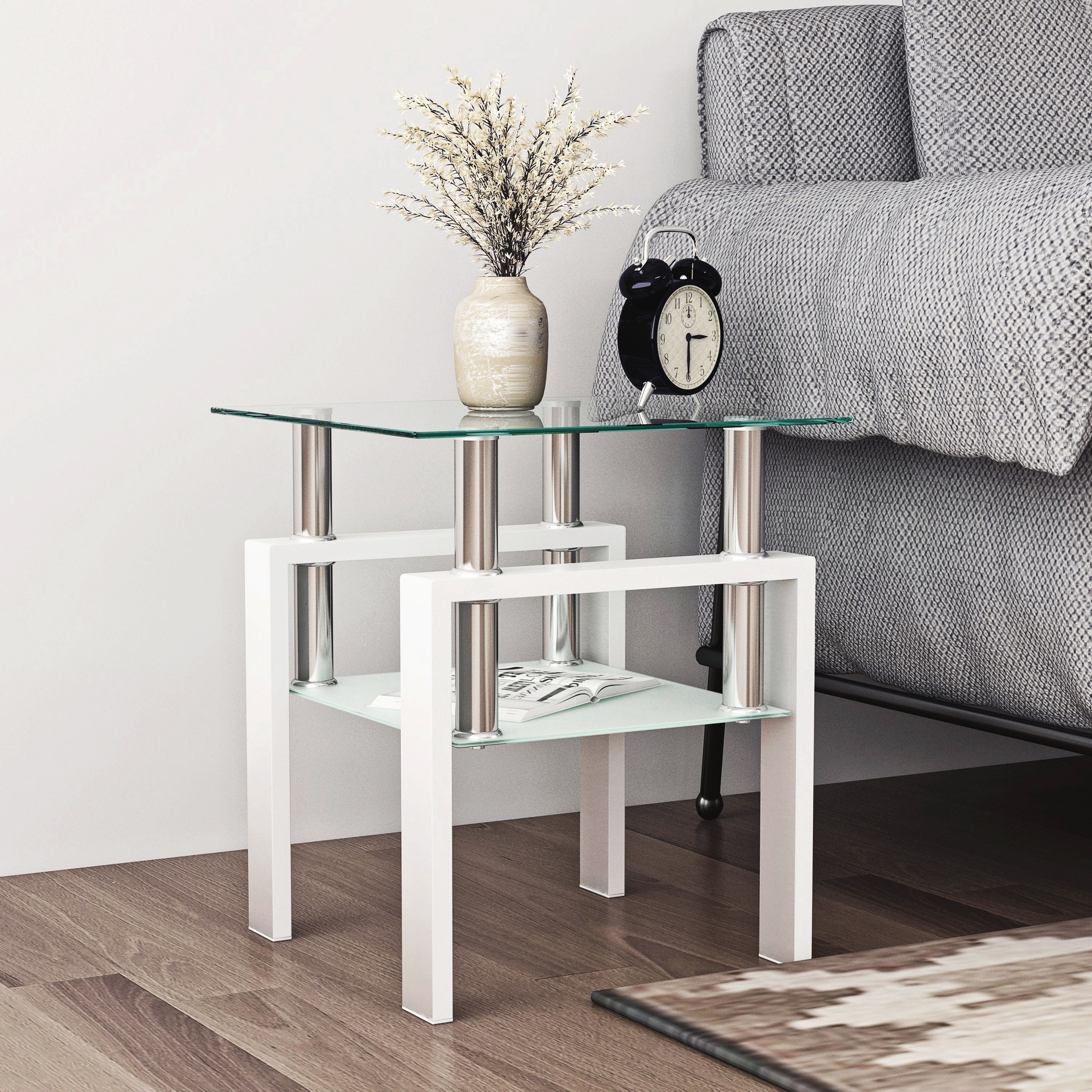 1-Piece Modern Tempered Glass Tea Table Coffee Table End Table, Square Table for Living Room, Transparent/White - Grand Goldman Shop