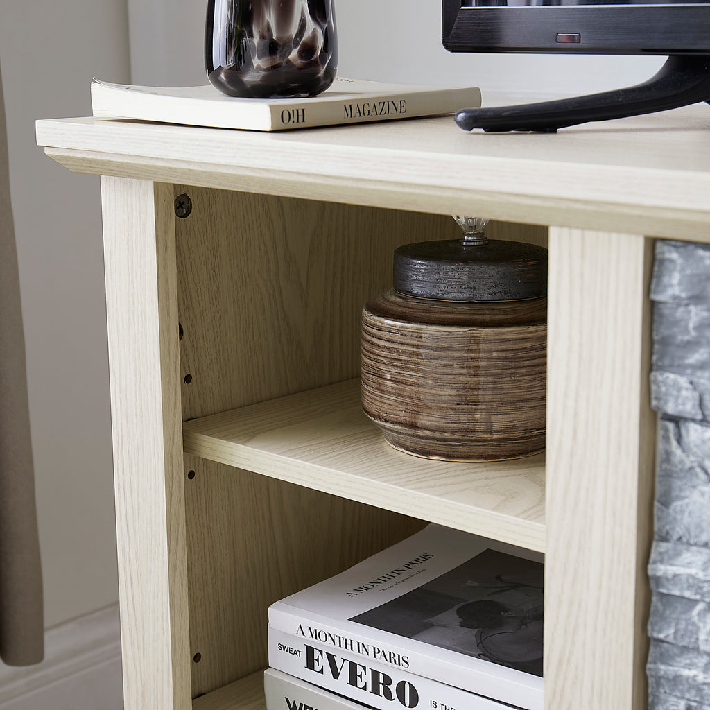 Mantel Stone TV Media Stand with with Faux Stacked Stone Surround, Modern Entertainment Console with Open Storage Space,WHITE, 58.31'W*15.39'D*26.06'H - Grand Goldman Shop