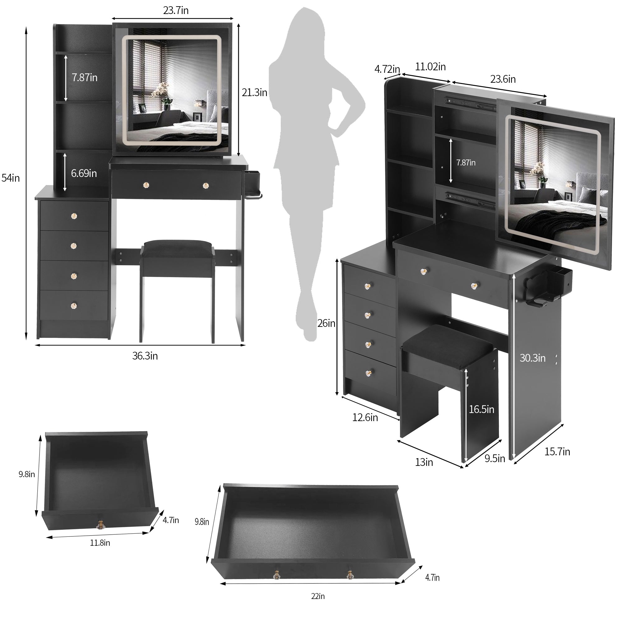37' Middle Size Left Bedside Cabinet Vanity Table + Cushioned Stool Dresser Set, 2 AC+2 USB Socket, Hair Dryer Stand, Large Touch Control LED Sliding Mirror, 3-color Switch, EPA, GCC, UL Certificate - Grand Goldman Shop