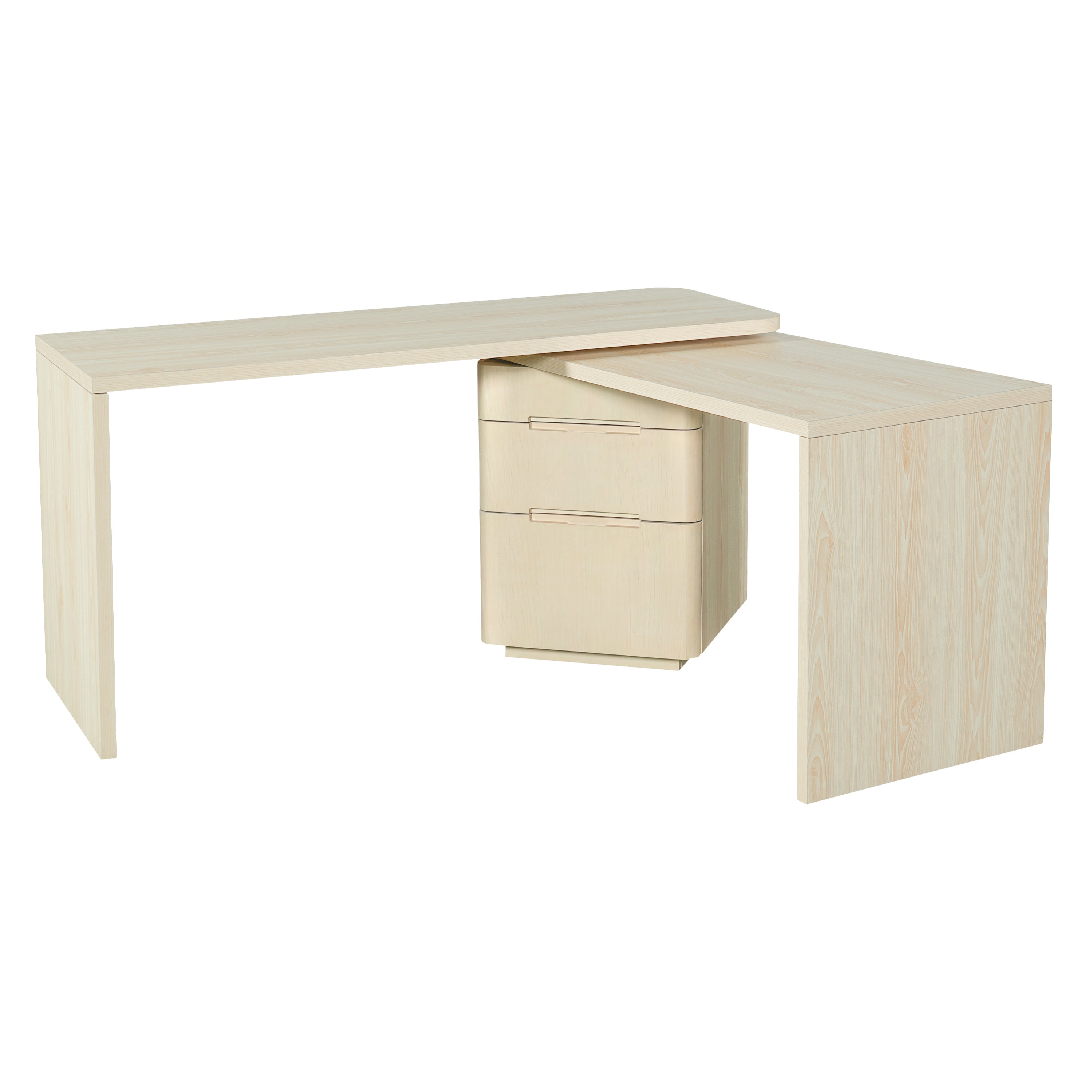 90' Modern L Shaped Desk in Natural Wood with 3 Drawers,360° Wood Rotating Desk,Executive Office Desk,Corner Desk,Office Stud