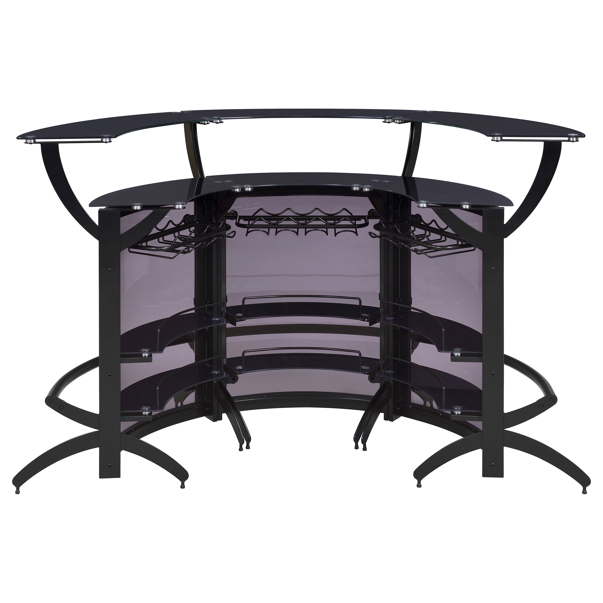 Elaina Black 3-Piece Curved Freestanding Home Bar with Smoked Acrylic Panels and Silver Metal Frame, Black Finish, Glass and Metal Construction - Grand Goldman Shop