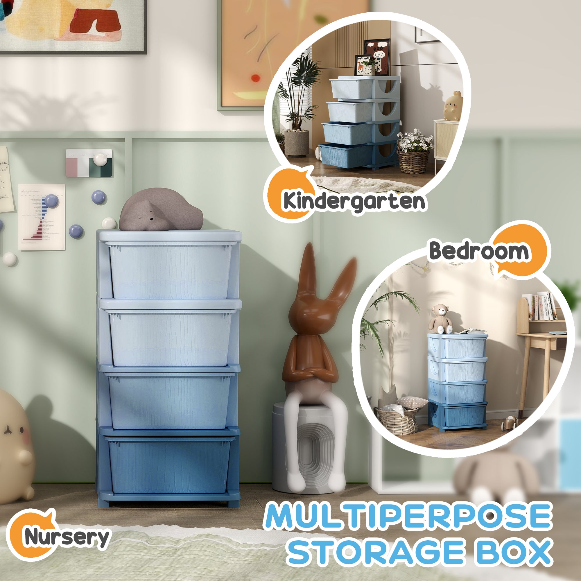 Qaba 4 Tier Kids Storage Unit, 4 Drawer Chest Toy Organizer Plastic Bins for Kids Bedroom Nursery Kindergarten Living Room fo
