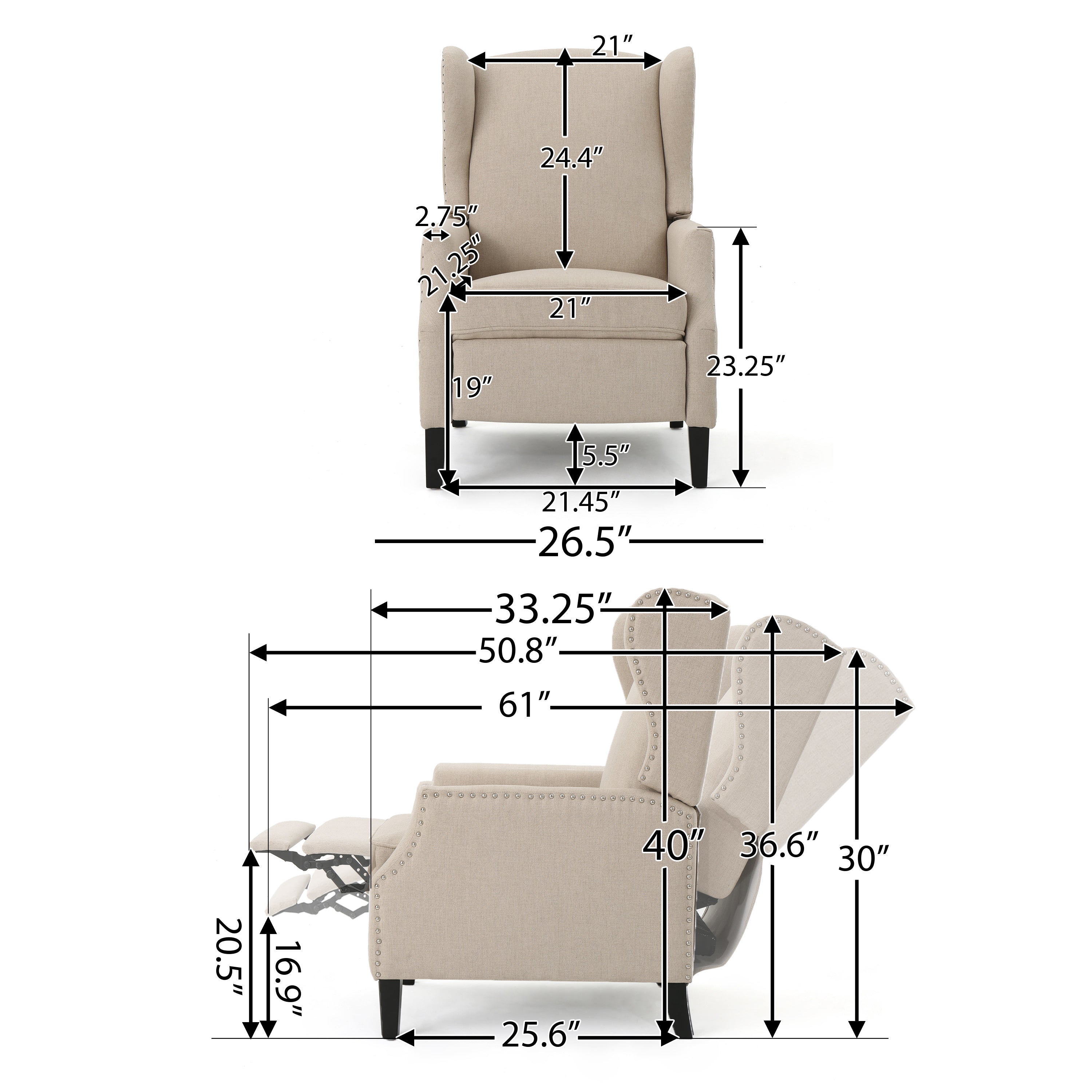 Westeros Wing Back Fabric Upholstered Recliner - Grand Goldman Shop