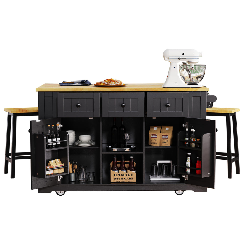K&K 53inch Large Kitchen Island with 2 Bar Stools, Power Outlet,Door Internal Storage Rack, Kitchen Storage Cart on 5 Wheels with Drop Leaf, 5 Open Side Racks, 3 Drawers,Black (Three Packages) - Grand Goldman Shop