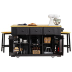 K&K 53inch Large Kitchen Island with 2 Bar Stools, Power Outlet,Door Internal Storage Rack, Kitchen Storage Cart on 5 Wheels with Drop Leaf, 5 Open Side Racks, 3 Drawers,Black (Three Packages) - Grand Goldman Shop