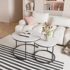 Nesting Coffee Table Set of 2, 27.6inch Round Wood Marble Pattern Top with Sturdy Metal Frame, White Living Room End Tables for Bedroom Balcony Yard - Grand Goldman Shop