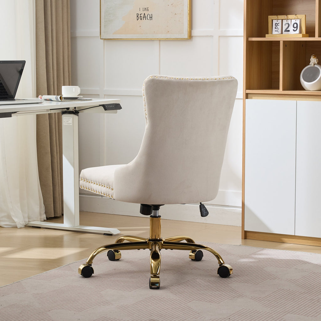 A&A Furniture Office Chair,Modern Velvet Upholstered Tufted Button Home Office Chair with Golden Metal Base,Adjustable Desk C