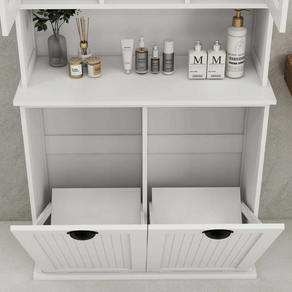 Two-Compartment Tilt-Out Dirty Laundry Basket Tall Bathroom Cabinet with 2 Adjustable Shelves-White - Grand Goldman Shop