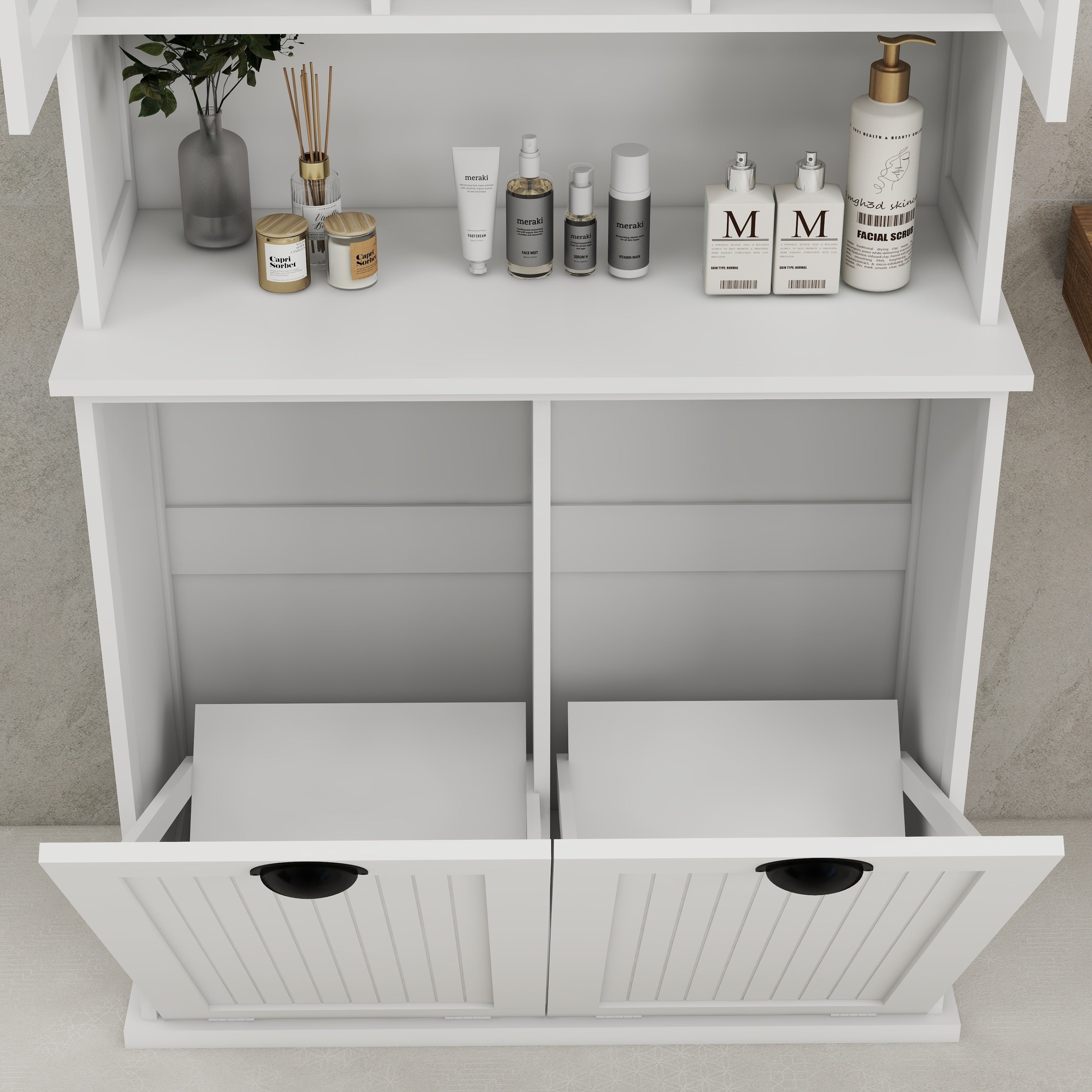 Two-Compartment Tilt-Out Dirty Laundry Basket Tall Bathroom Cabinet with 2 Adjustable Shelves-White - Grand Goldman Shop