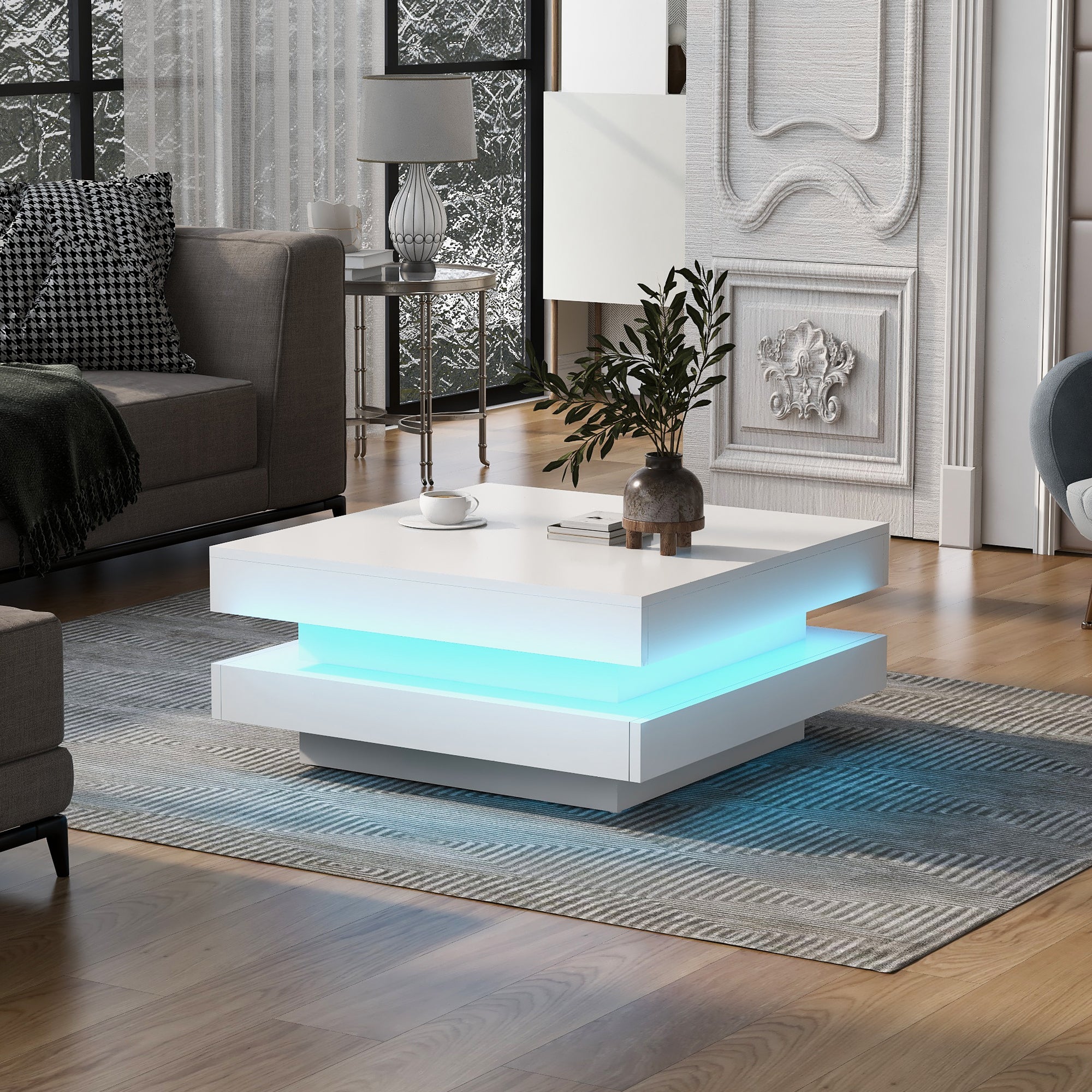 ON-TREND High Gloss Minimalist Design with LED Lights, 2-Tier Square Coffee Table, Center Table for Living Room, 31.5''x31.5''x14.2'', White - Grand Goldman Shop